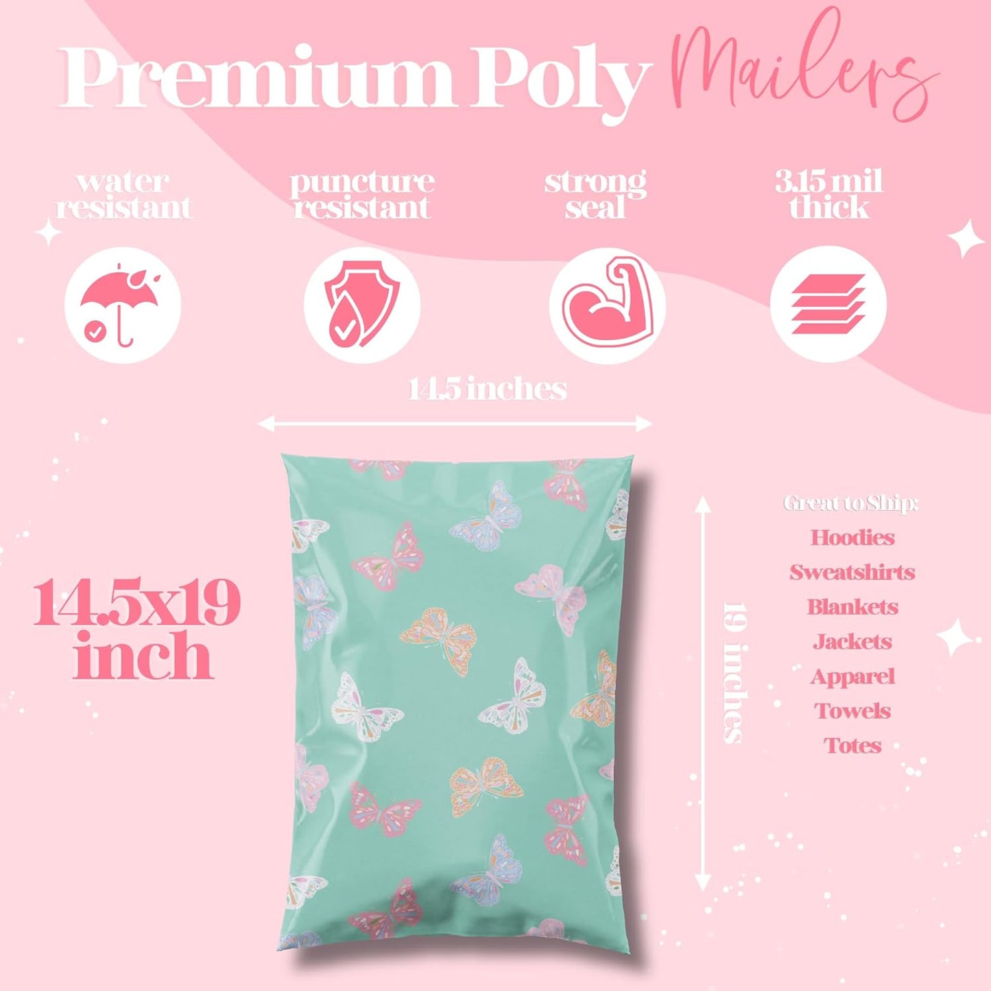 14.5x19 Designer Poly Mailer 100 Pack Heavy Duty Waterproof Self Seal Shipping Bags for Small Business Large Mailing Envelopes Bulk Tear Resistant Packaging Butterfly