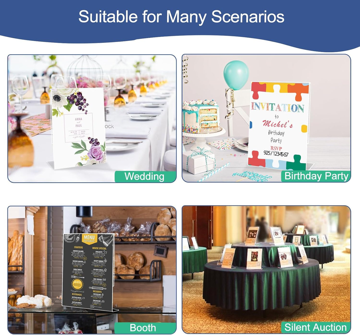 Acrylic Sign Holder 8.5 x 11, 6 Pack Slanted Back Sign Holders for Display, Clear Tabletop Plastic Paper Sign Holder for Office, Home, Restaurant