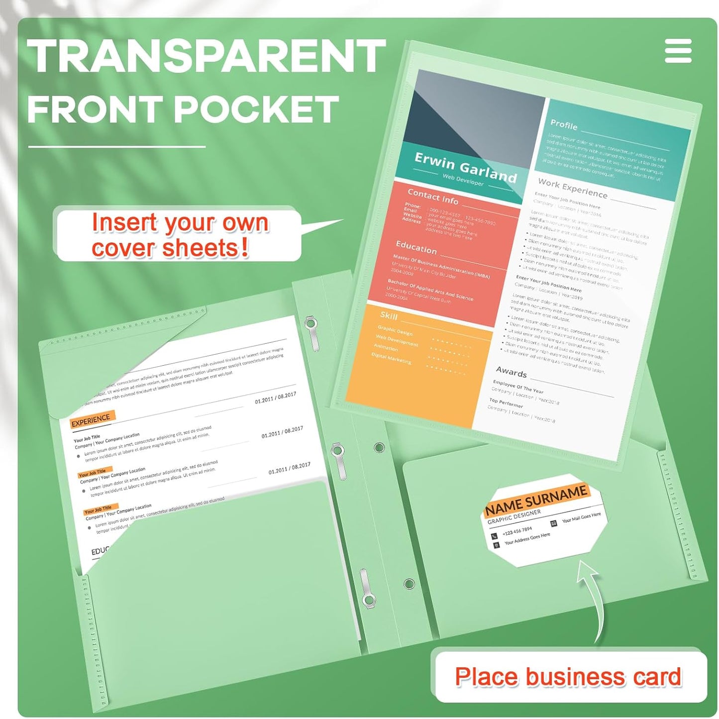 Henoyso 36 Pcs Plastic Folder with Clear Front Pocket and 3 Prong Plastic Folders with Card Slot Pocket Folders with Prongs for School Office (Light Green)