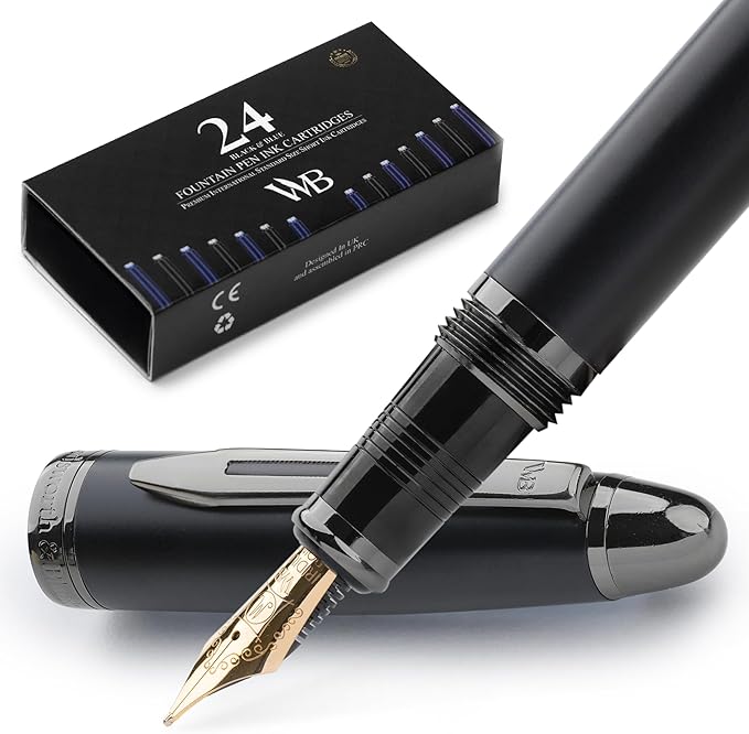 Wordsworth & Black Majesti Fountain Pen-(Black), Luxury Case, 24K Gold Finish; 18K Gilded Medium Nib- Ink Cartridges, Refillable Ink Converter-Calligraphy Pen-Best Business Gift Set for Men & Women