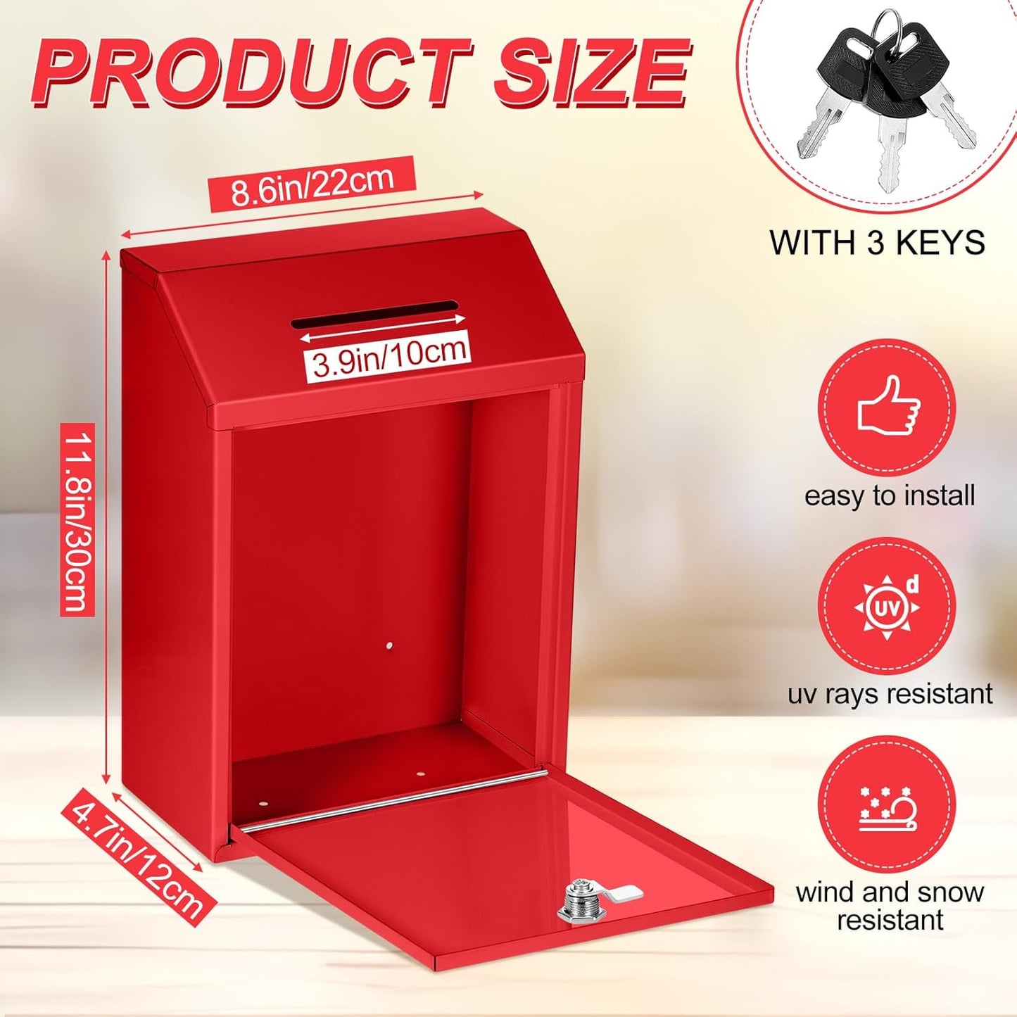 Metal Donation Cash Box Collection Safe Suggestion Box with Lock Wall Mounted Mailbox Delivery Ballot Container for Home Office Outdoor Door