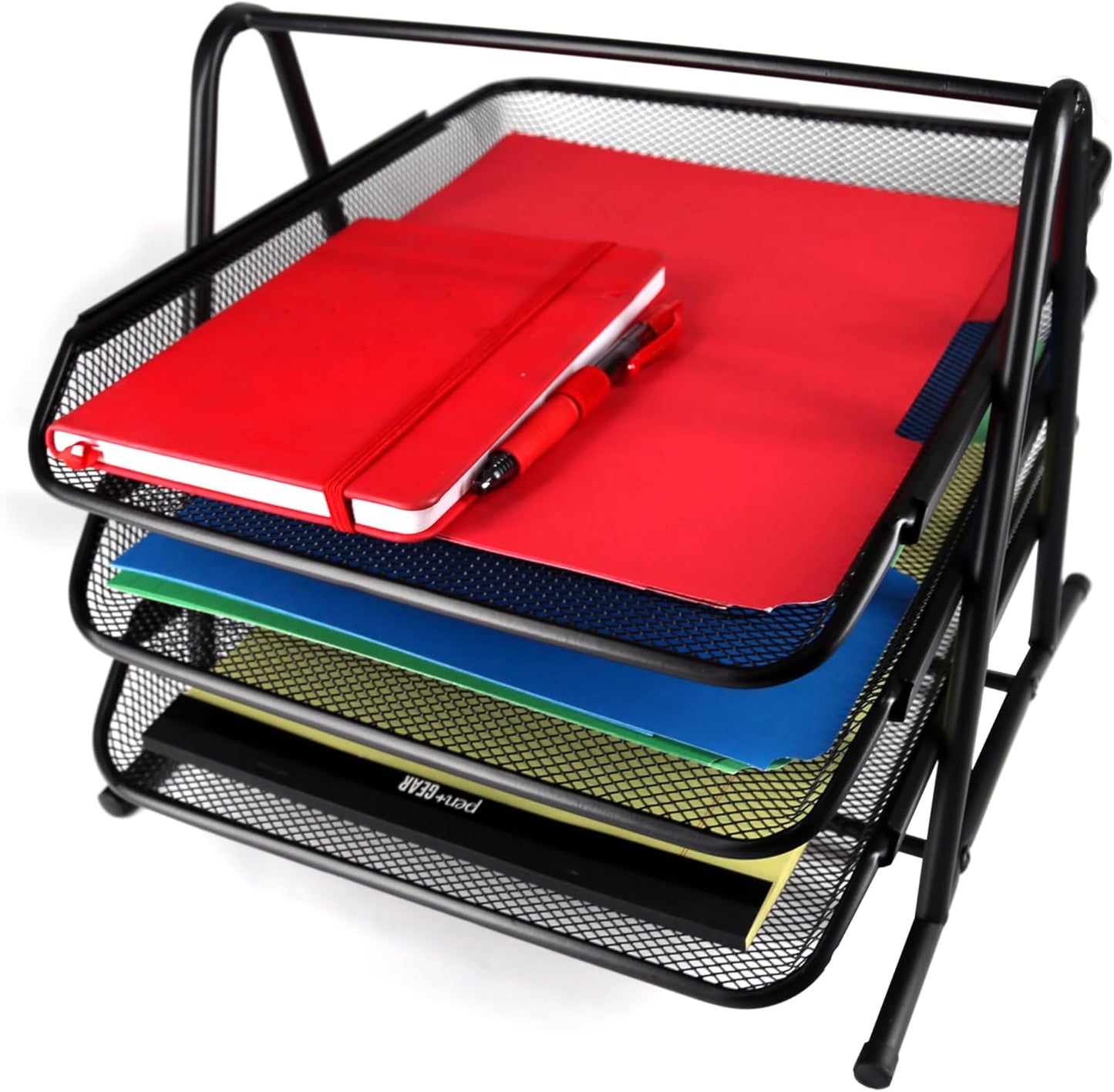 Huron Desktop Horizontal File Binder Organizer Storage Letter Tray, 3 Slot, Black Steel Mesh