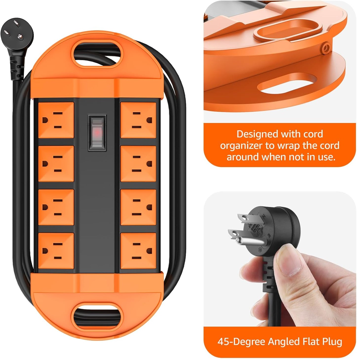 CCCEI Outdoor Power Strip Weatherproof with 8 Plug, Waterproof Extension Cord with Multiple Outlets, Christmas Exterior Garden Yard Surge Protector 10FT, Orange.