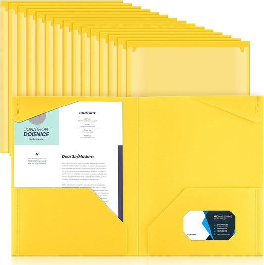 Henoyso 36 Pcs Plastic Folders with Clear Front Pockets Heavy Duty File Folders with 2 Pockets and Card Slot for Student Communication School Office Presentation Report (Yellow)