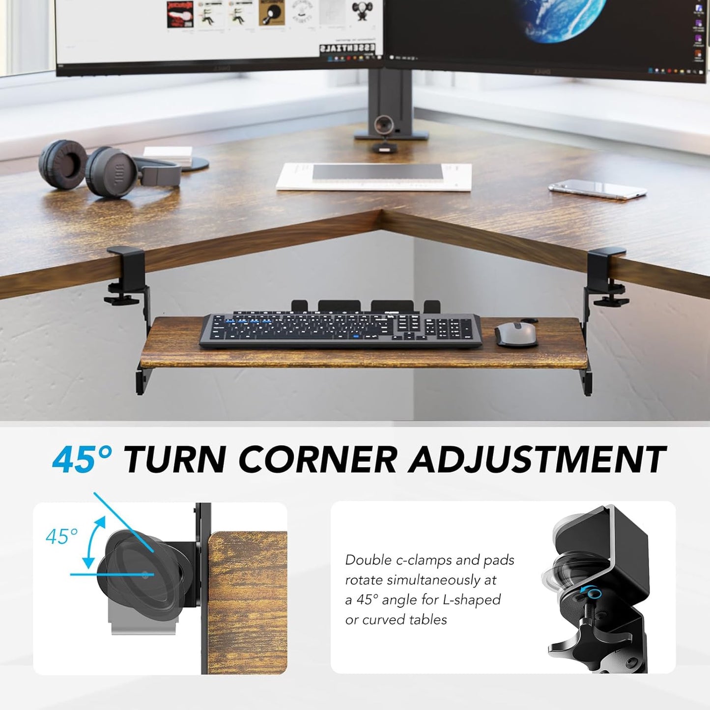Keyboard Tray Under Desk Pull Out with Extra Sturdy C Clamp Mount System, 27.3 (32.5 inch Including Clamps) x 11 Inch Slide-Out Platform Computer Drawer for Typing Vintage AX01WG02