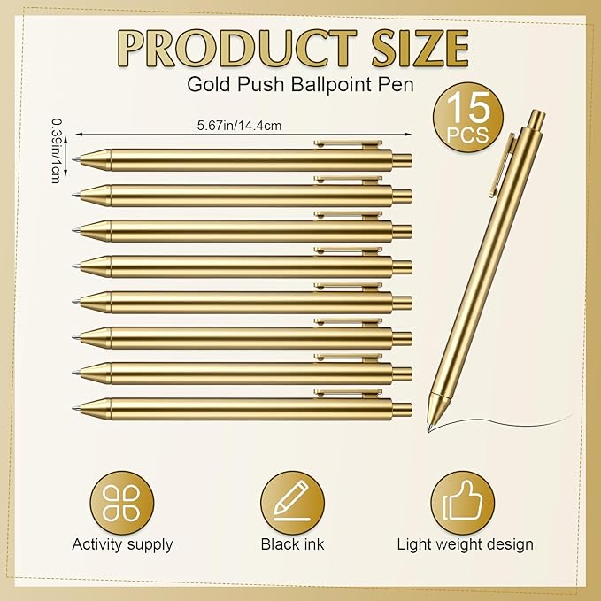 15 Pcs Gold Metallic Slim Ballpoint Pens Bulk Retractable Black Ink Medium Point (0.5mm) Smooth Writing Pens for Wedding Bridal Shower Business Office Students Teachers (Classic Style)