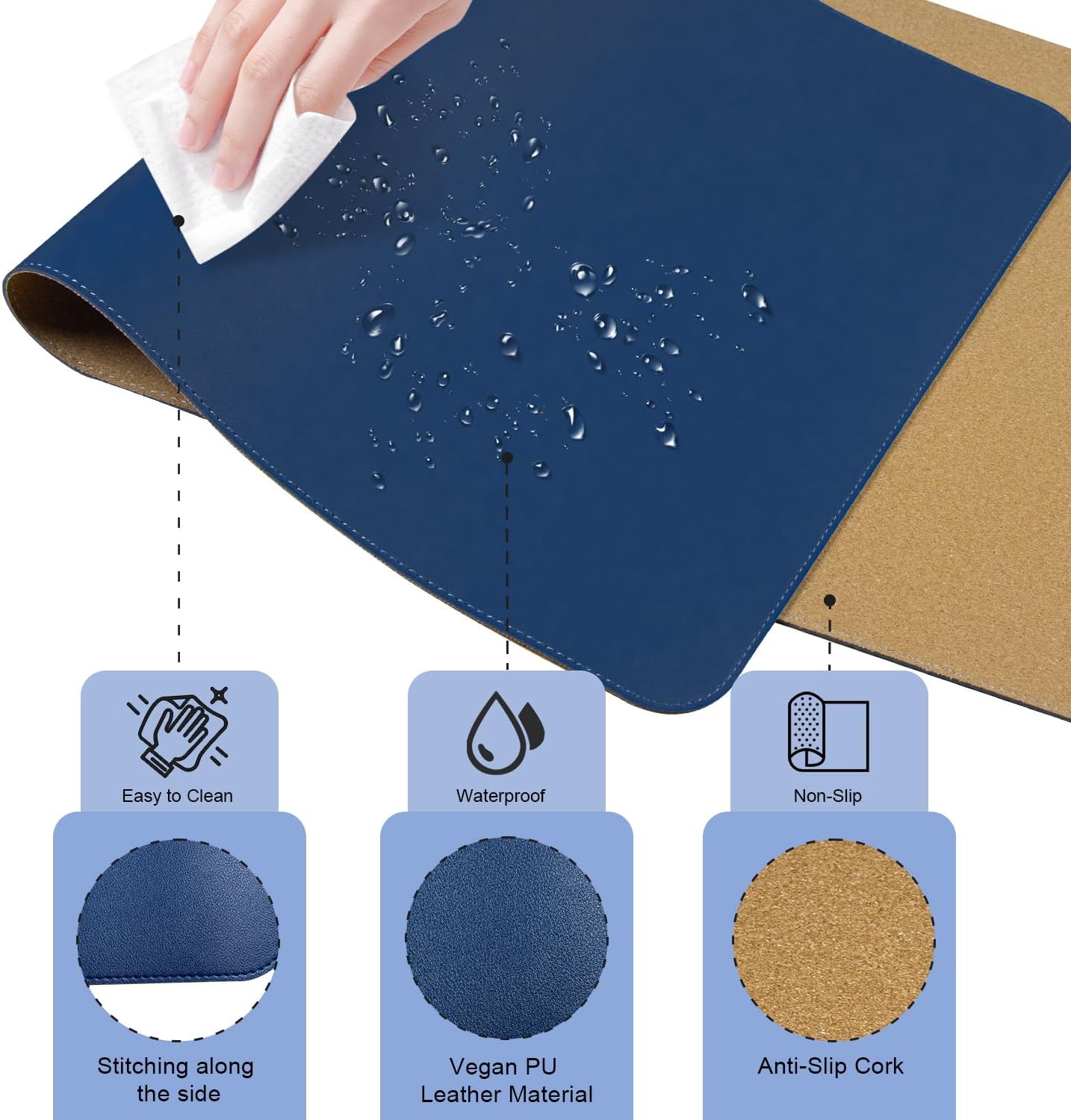 Non Slip Desk Mat, 31.5" x 15.7" PU Leather Desk Pad, Cork Desk Mat for Desktop, Desk Pad for Keyboard and Mouse, Ideal for Office and Home, Dark Blue