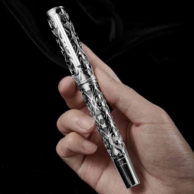 Hongdian D1 Piston Fountain Pen Fine Nib, Hollow Skeleton & Resin with Metal Case Set (Silver)