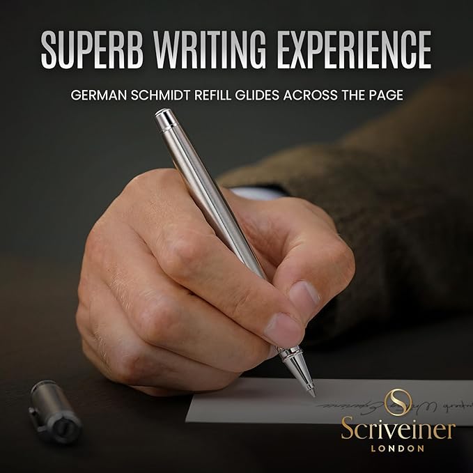 Scriveiner Stainless Steel Rollerball Pen - Stunning Luxury Metal Pen with Silver Chrome Finish, Schmidt Ink Refill, Best Roller Ball Pen Gift Set for Men & Women