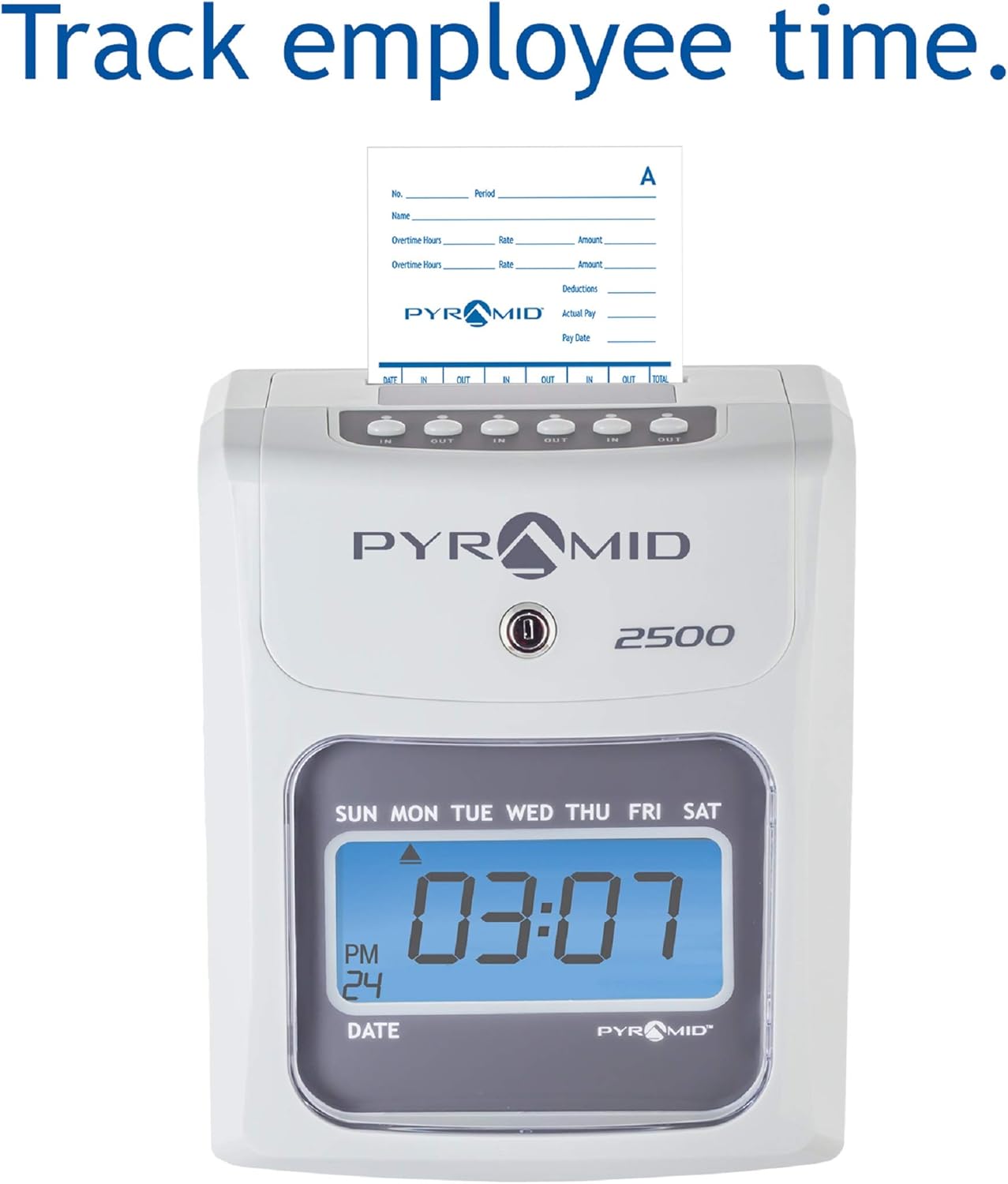 Pyramid Time Systems - Model 2500 Auto Aligning and Top Loading Time Clock [2500K1] Bundle Includes: Time Clock, 100 Time Cards, 2 Ink Ribbon cartridges, one 10 slot time card rack and 2 Security Keys