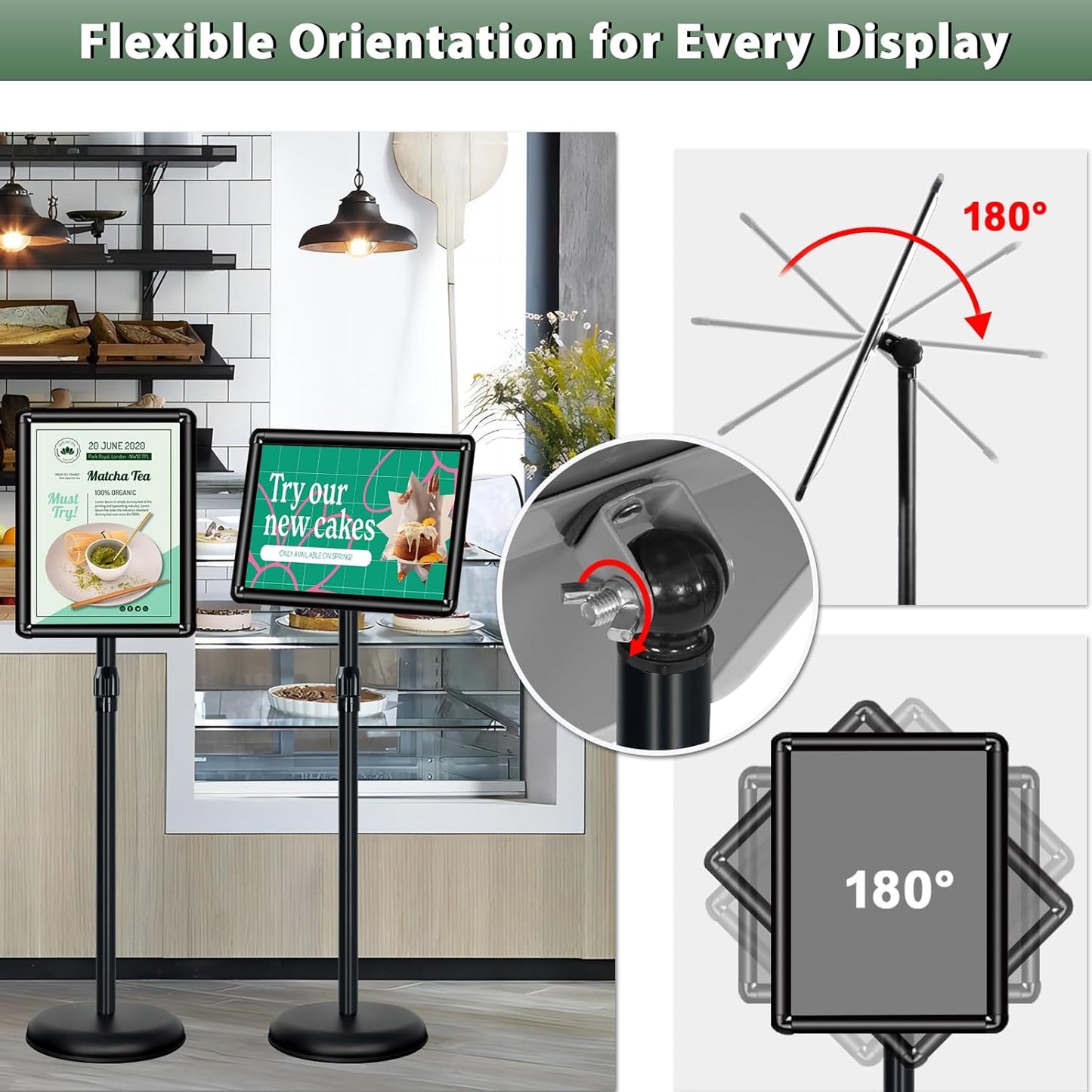 Poster Stand Holder Adjustable Pedestal Floor Standing Sign Holder Vertical and Horizontal View Sign Display, Aluminum Snap Open Frame with Safety Corner (2P-Black-8.5x11)