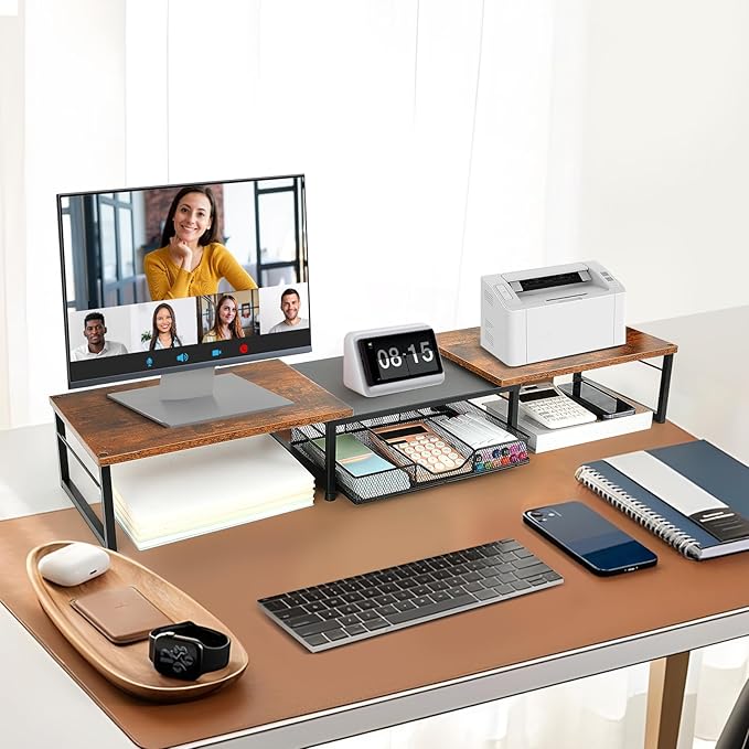 Dual Monitor Stand Riser, Desk Organizer with Drawer, Desk Organizers and Accessories, Workspace Organization Computer Monitor Stand for Laptop, Printer, TV, Office Supplies, Rustic Brown