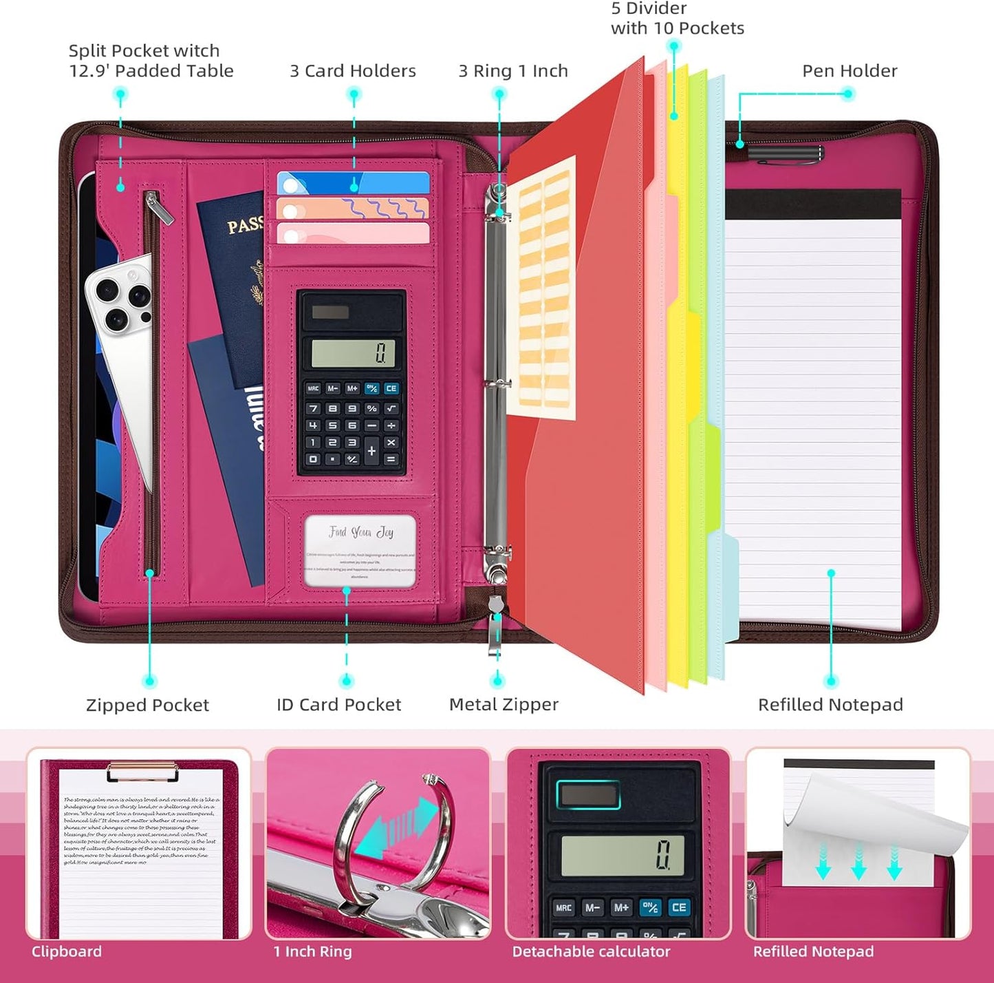 Ospelelf Zipper Clipboard with Storage, Leather Padfolio Portfolio Folder, 3 Ring Binder Dividers with Tabs, 12.1” Tablet Sleeve, Refillable Notepad, Card Slot (Rose Red)