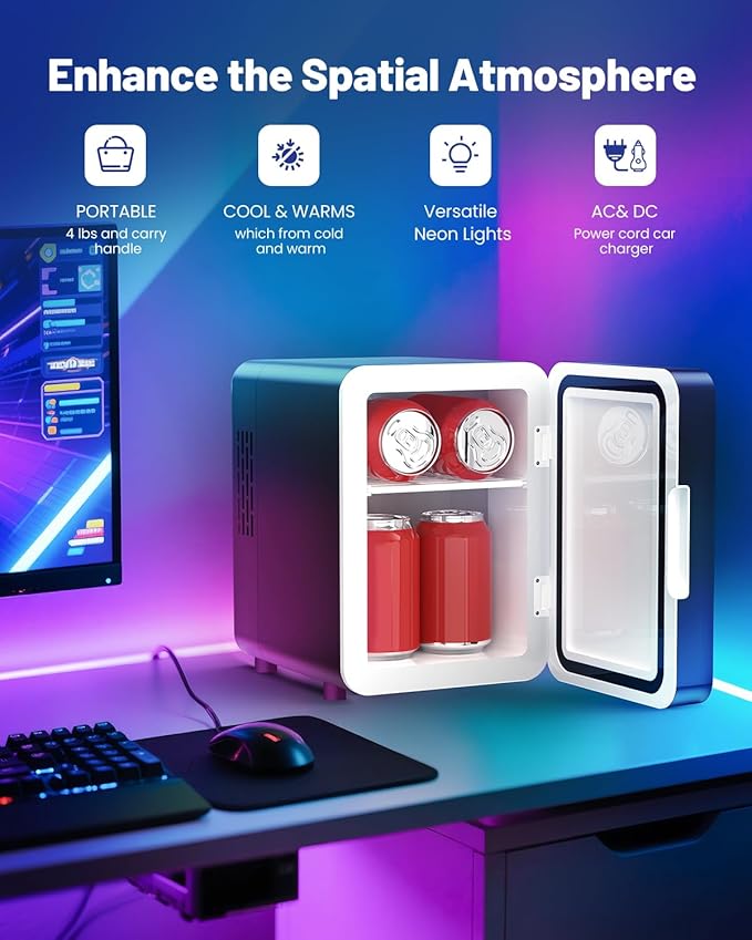 Skincare Fridge - 4L Mini Fridge with Thousand-layer Mirror of 12 Color Adjustable LED Lights, Cooler and Warmer, Beverage Cooler for Bedroom, Gaming Room, Office and Car, Black