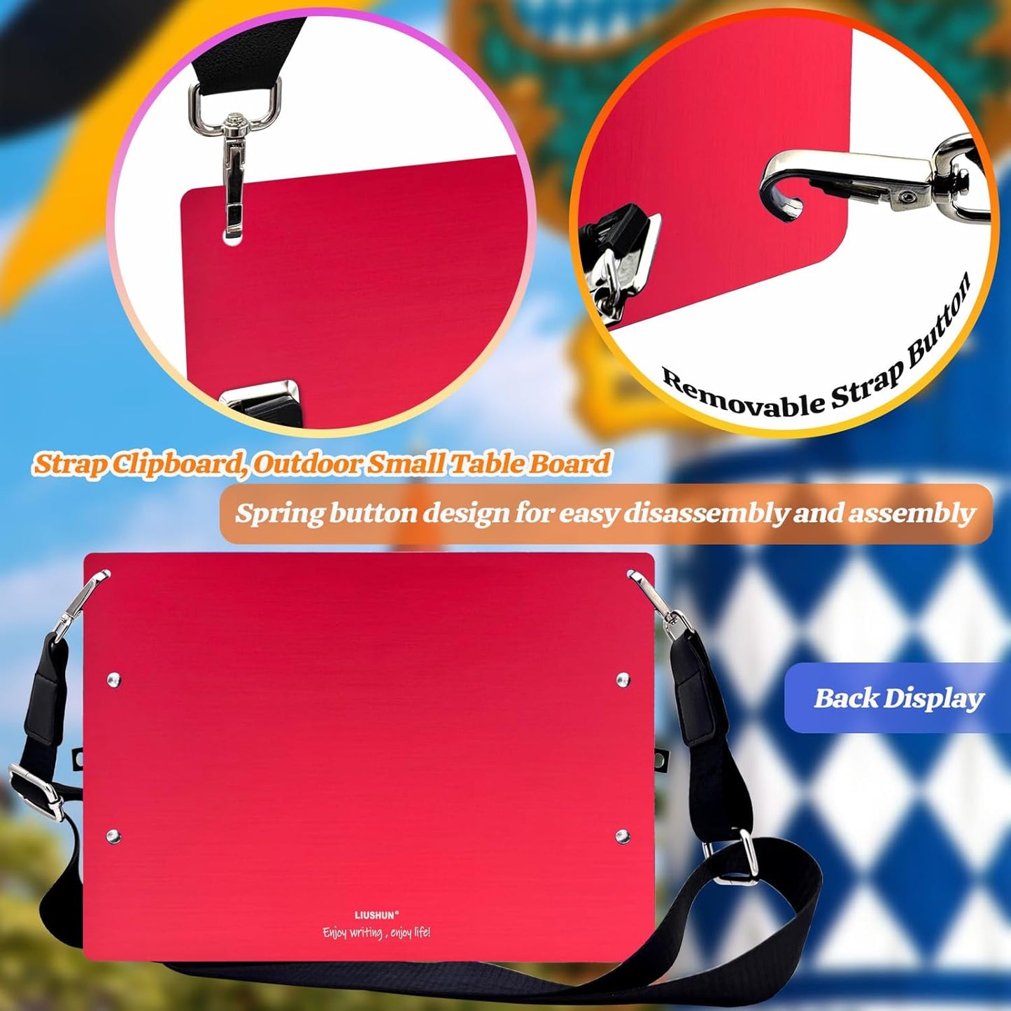 Aluminum Metal Clipboard with Detachable Adjustable Shoulder Strap A4 Double Clip Board Stainless Hangable w/Pen Holder Letter 9" x 12.6" for School Office Business Factory (Red-with Strap, A4)