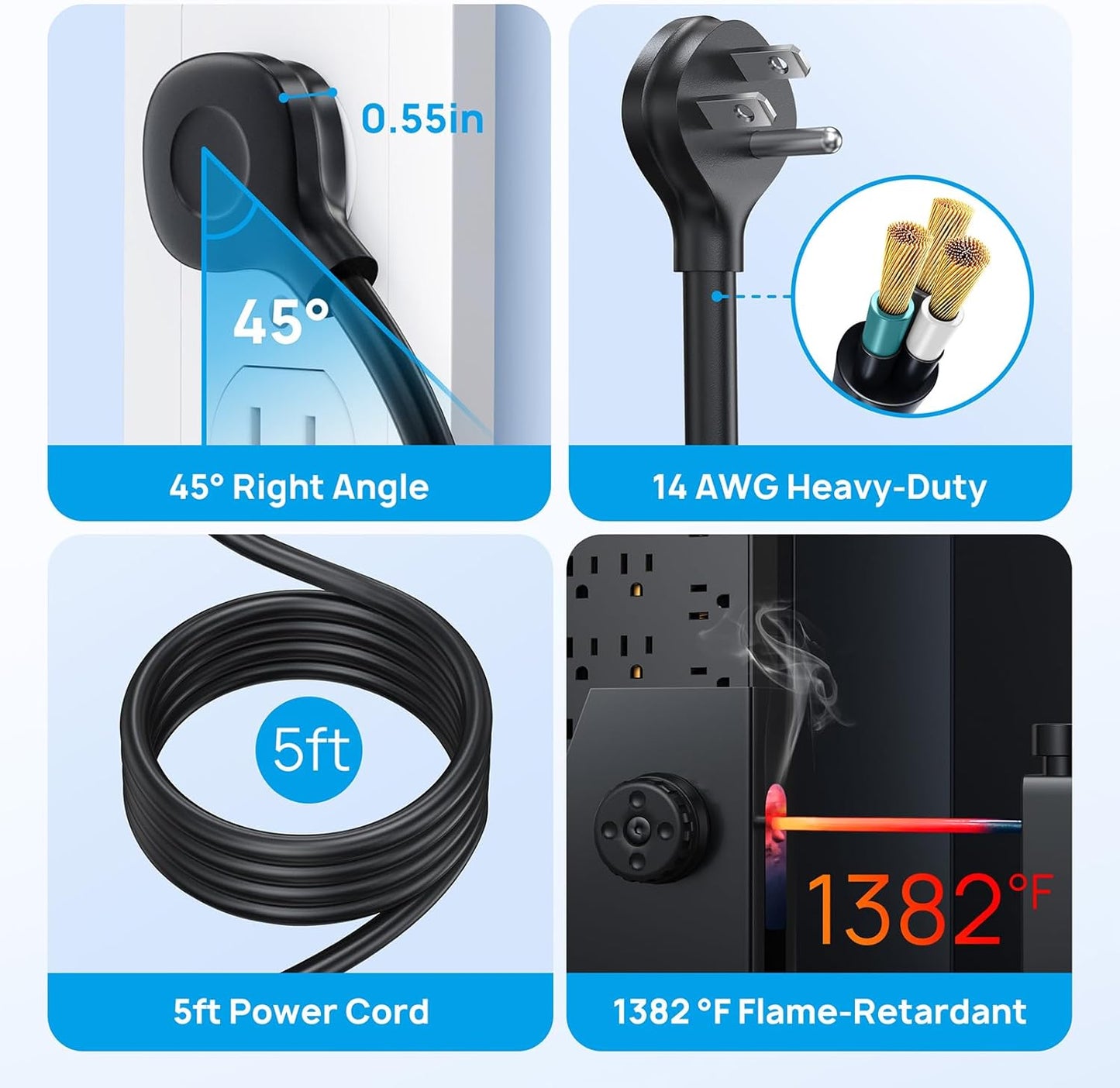 TROND Surge Protector Power Strip, 5ft Flat Plug Extension Cord with Multiple Outlets, 22 Widely Spaced AC with USB Ports, 4000 Joules, Heavy Duty, Wall Mount, Under Desk, ETL Listed, Black