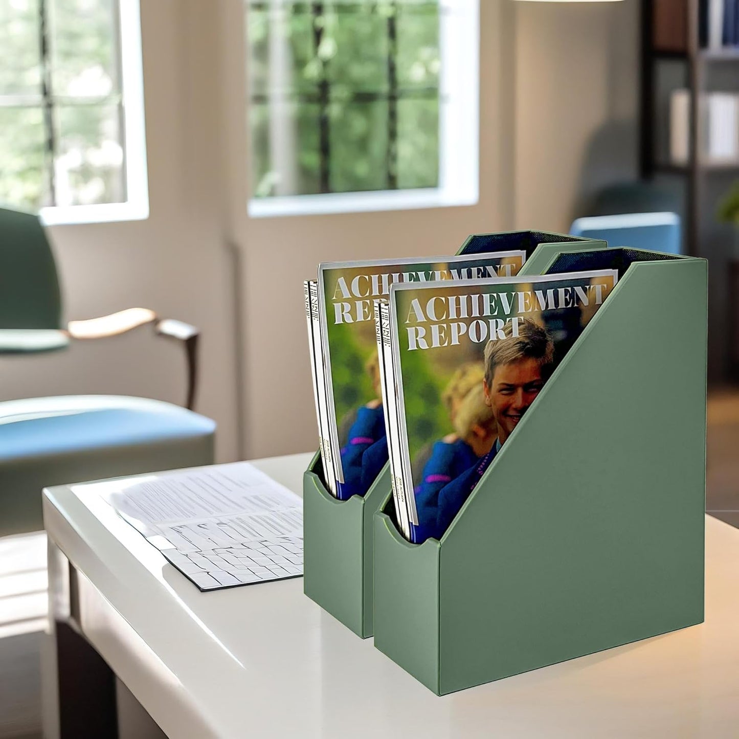 UnionBasic Magazine File Holder, Leatherette Desktop Document Organizer, Home Office Paper Holder File Storage Literature Sorter, Malachite Green, Set of 4