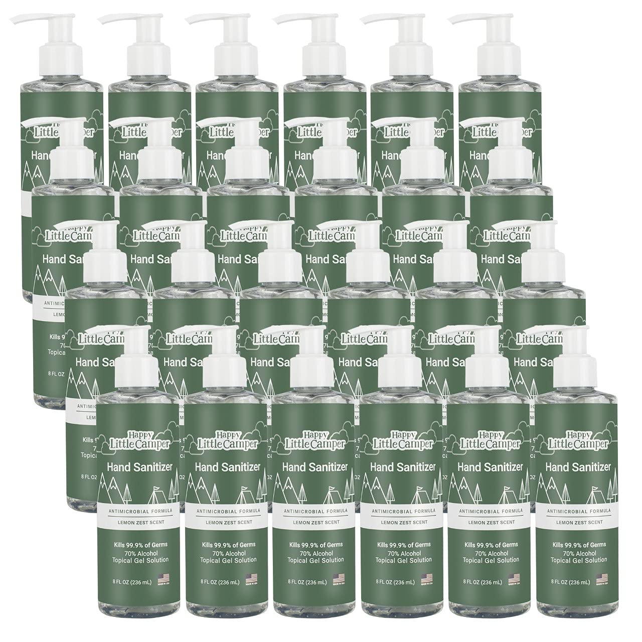 Happy Little Camper Hand Sanitizer with Lemon Zest Scent - Moisturizing Gel with Vitamin E & Antimicrobial Formula- Contains 70% Ethyl Alcohol - Travel Size, Made in USA - 8 Fl Oz, 236ml - 24 Bottles