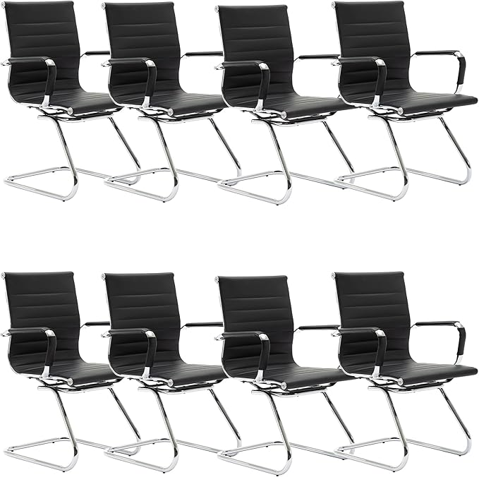 Black Office Desk Chair No Wheels Set of 8 PU Leather Computer Chairs Mid Back Guest Chairs for School Reception Conference Waiting Room, Black