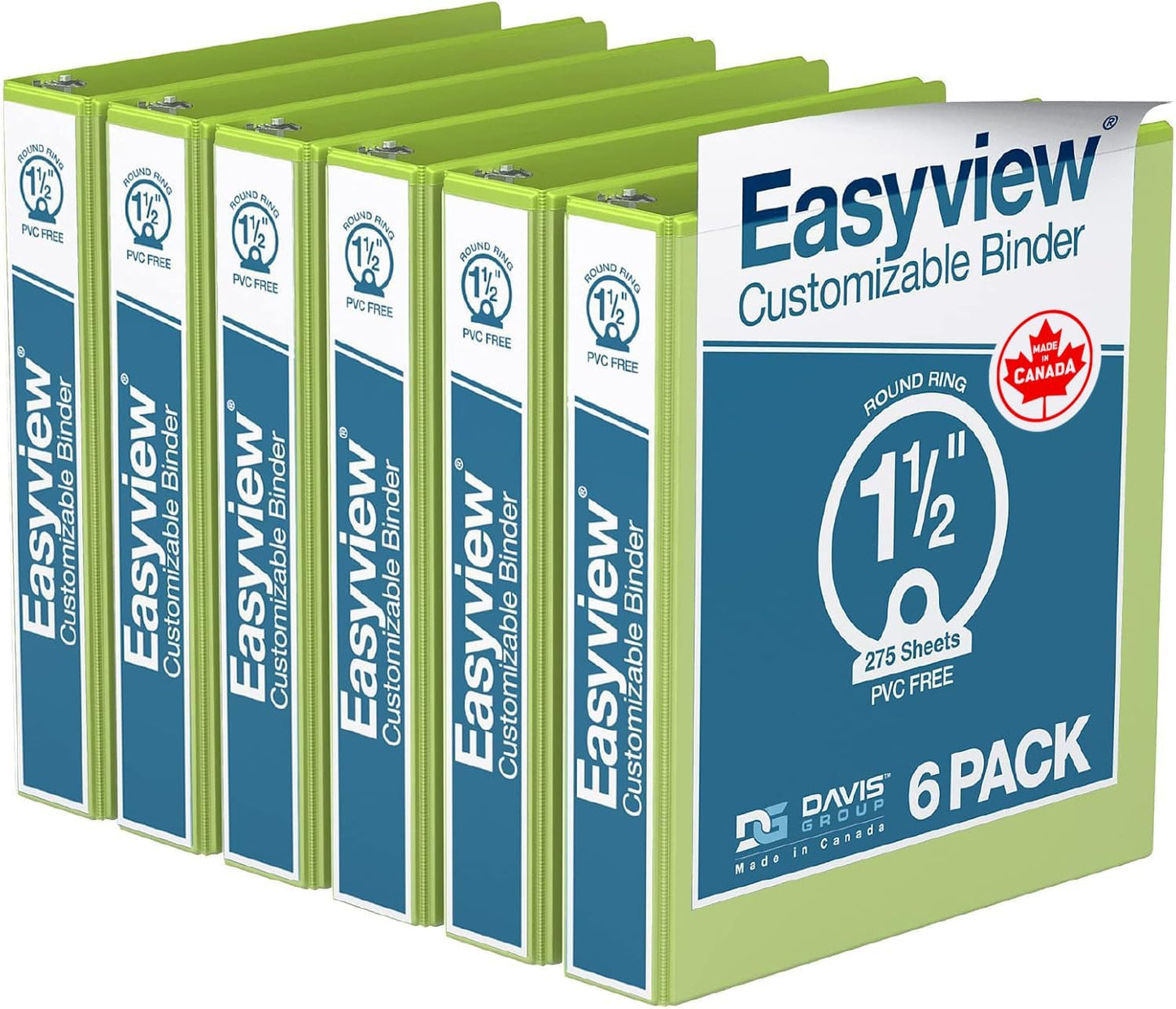 Easyview Premium 3-Ring Binders with Clear-View Covers and Round Rings, Binders for School or Office, 1.5 Inch, Pack of 6, Lime Green