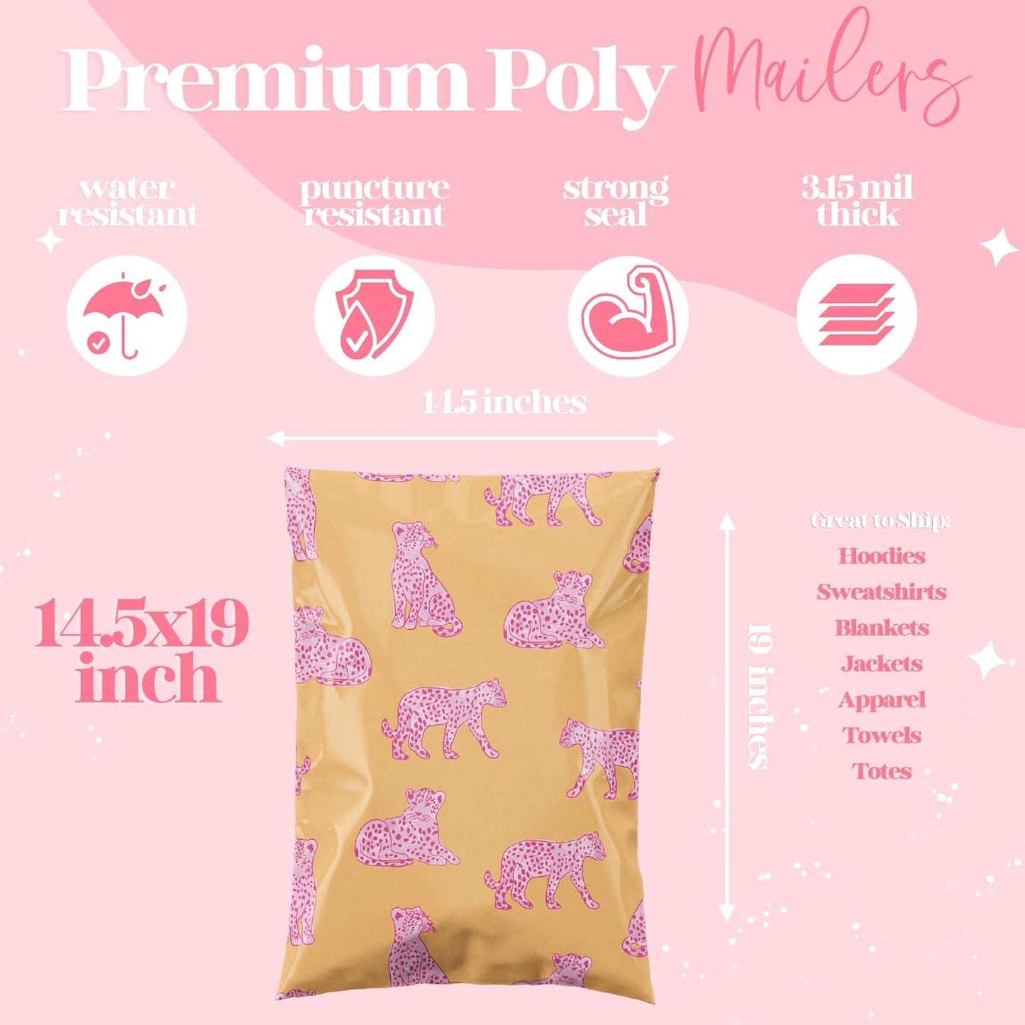 14.5x19 Designer Poly Mailer 100 Pack Heavy Duty Waterproof Self Seal Shipping Bags for Small Business Large Mailing Envelopes Bulk Tear Resistant Packaging Pink Orange Leopard