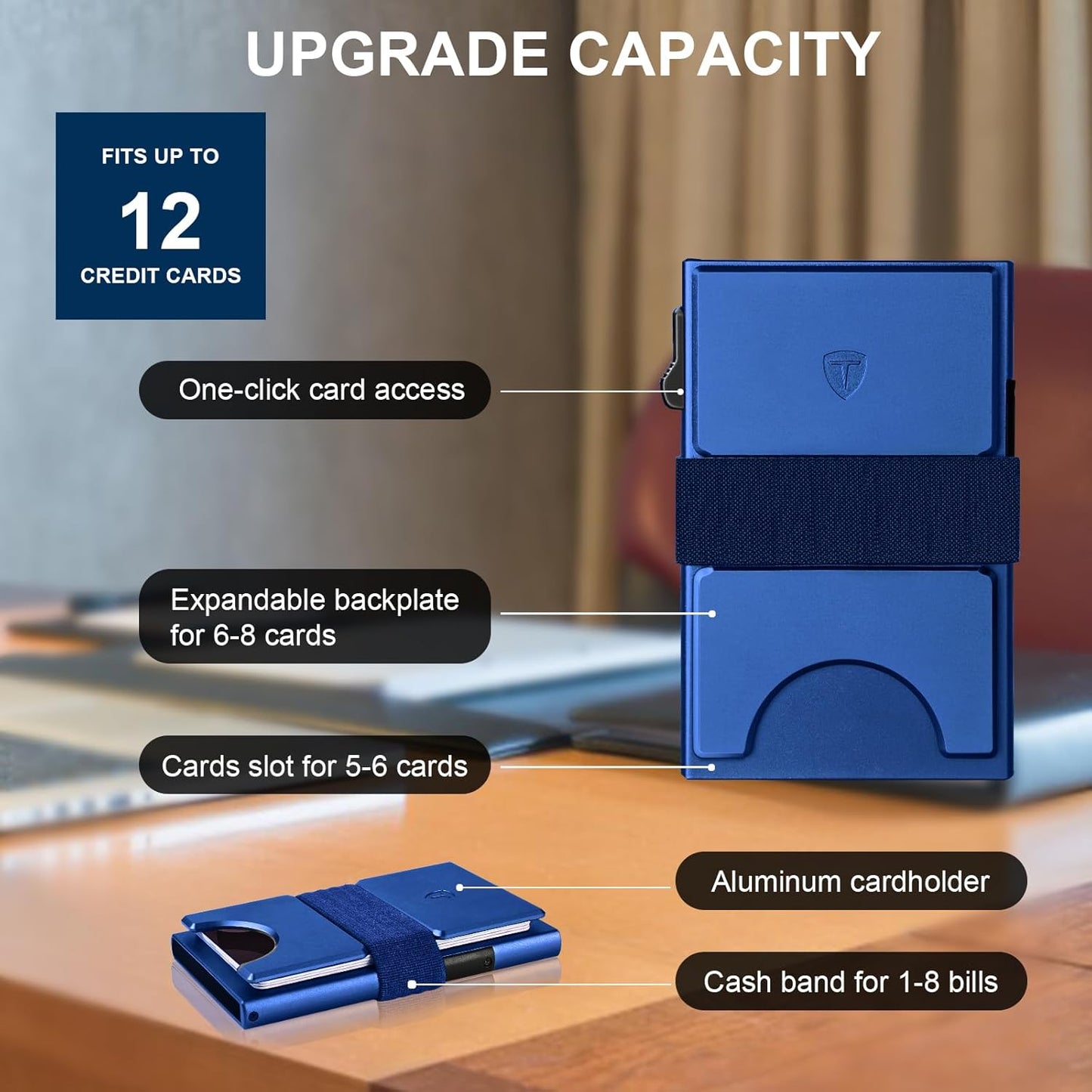 Slim Wallet for Men Aluminum Minimalist Pop Up Card Holder with RFID Blocking Protection Expandable Backplate Cash Band for Boyfriend/Dad/Friend,Holds 12+ Credit Card & Business Cards,Blue