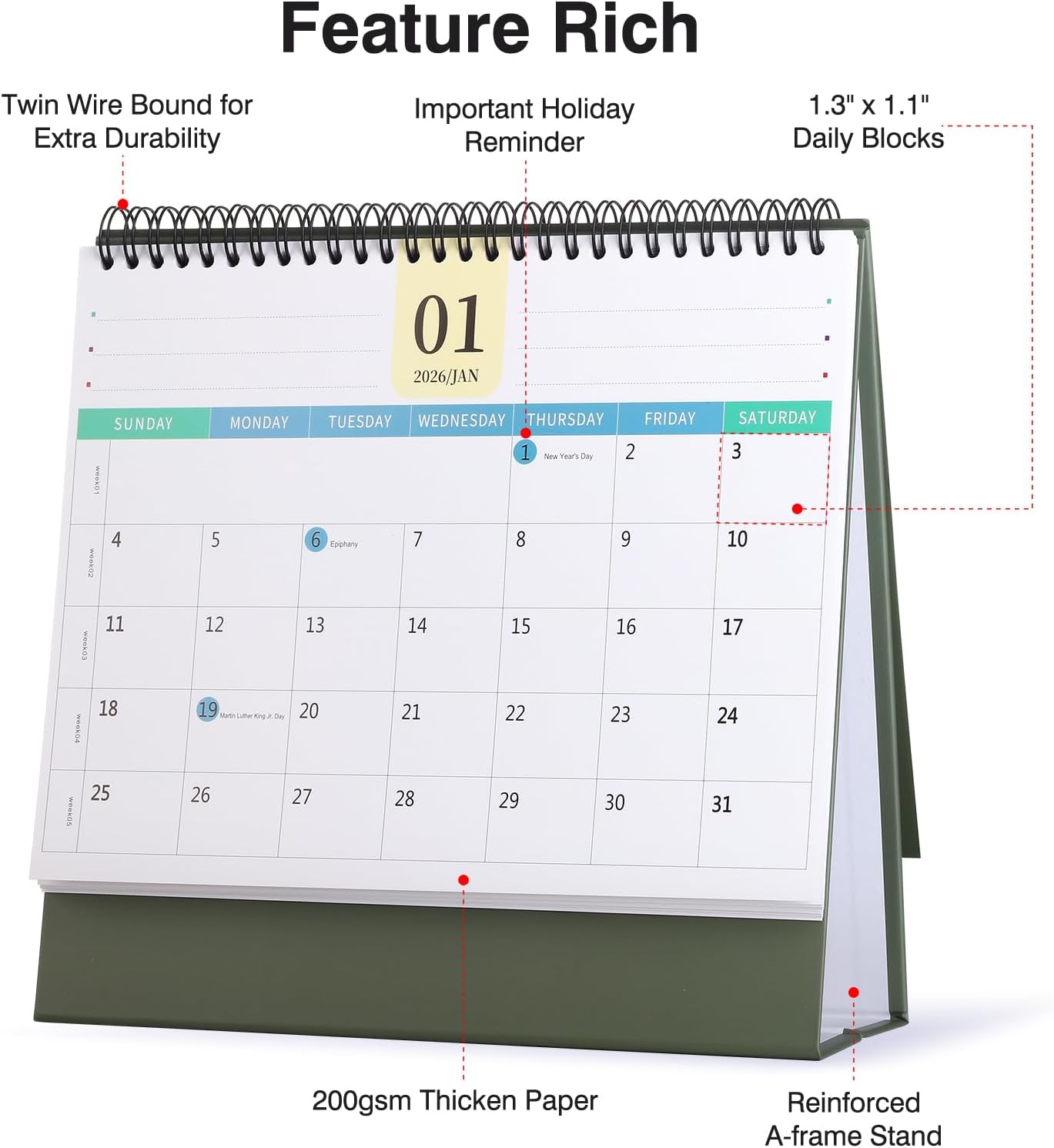 Desk Calendar 2026-2027, 2 Years Calendar Runs from Jan. 2026 until Dec 2027, Table Monthly Planner with Stickers for Home,Office,School Organization(L-Black+Green,9.8" x 9.6")