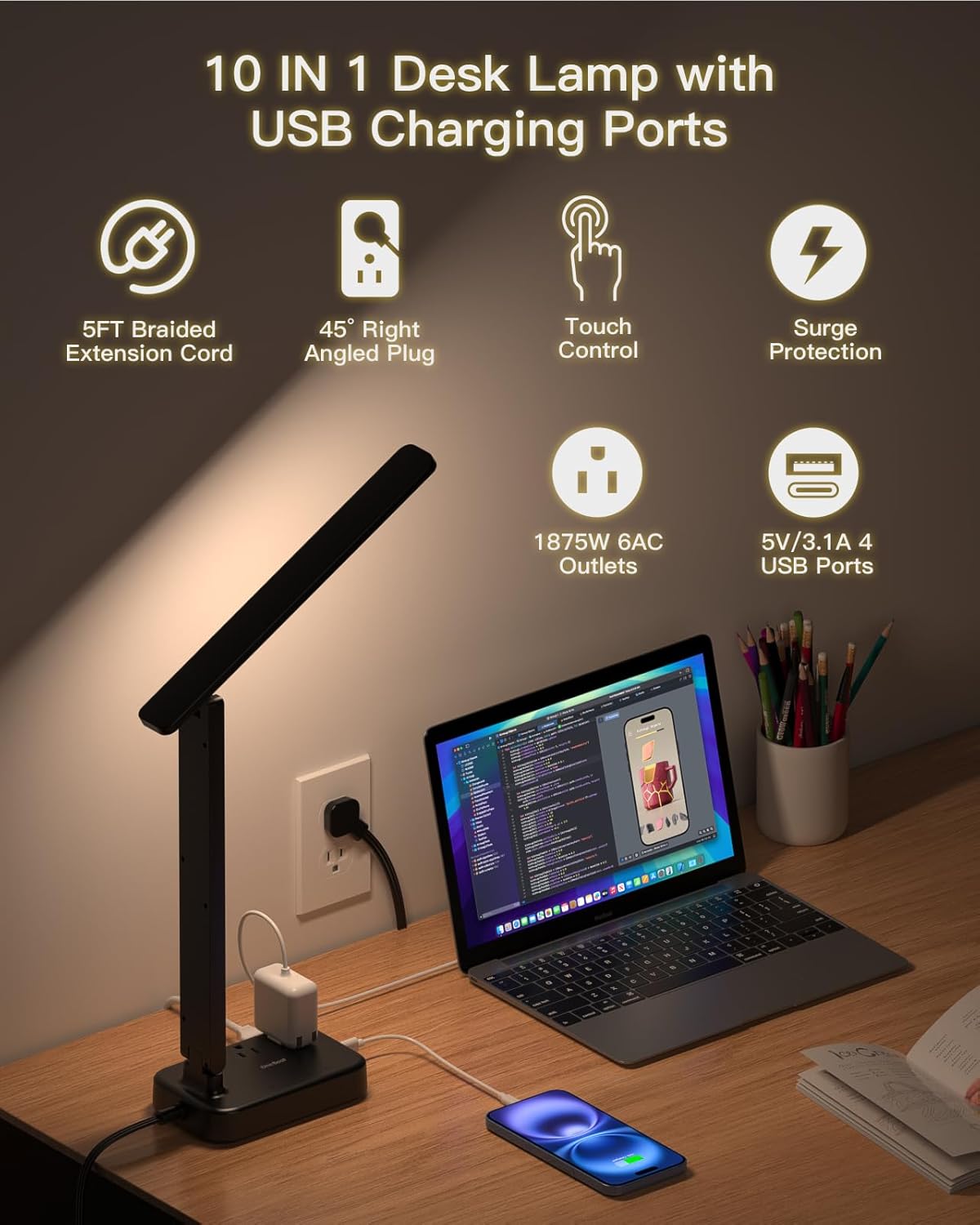One Beat Desk Lamp with 6 Outlets 4 USB Ports(2×USB-C),Eye Protection Table Lamp Power Strip with 4 Color Modes 5 Brightness Touch LED Desk Lamps for Home Office College Dorm Room Essentials(Black)