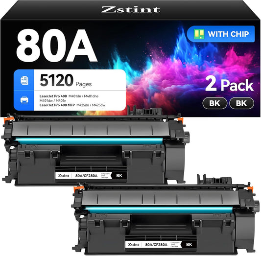 80A Black Toner Cartridge 2-Pack High Yield Replacement for HP 80A CF280A 80X CF280X Compatible for HP Laserjet Pro 400 MFP M425dn M425dw M401dn M401dne M401dw M401n 400 M401 M425 Series Printer Ink