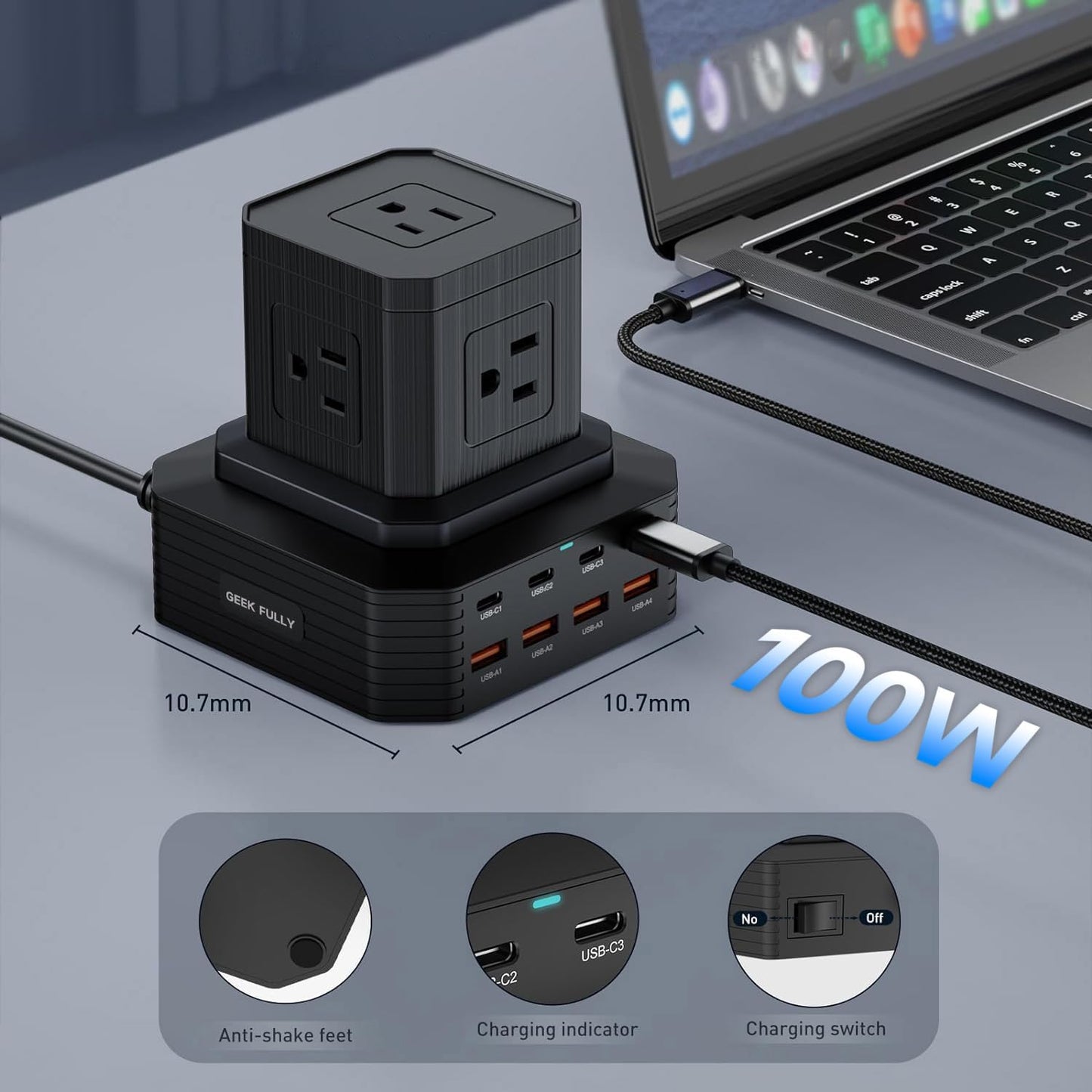 100W USB C Charging Station 13-in-1 Surge Protector Power Strip with 4 PD USB-C & 4 USB-A Ports, Adapt to MacBook Pro/Air, iPhone 15/14, iPad, and Multi-Device Office and Home Chargers