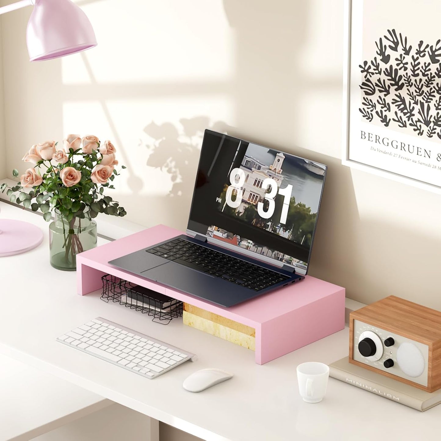 TEAMIX Pink Monitor Riser-20L inch, Wood Monitor Stand for Desk, Sturdy TV/Screen/PC/Printer/Laptop Riser,Computer Shelf with Storage TV Holder for Home Office (Pink, 20 inch)