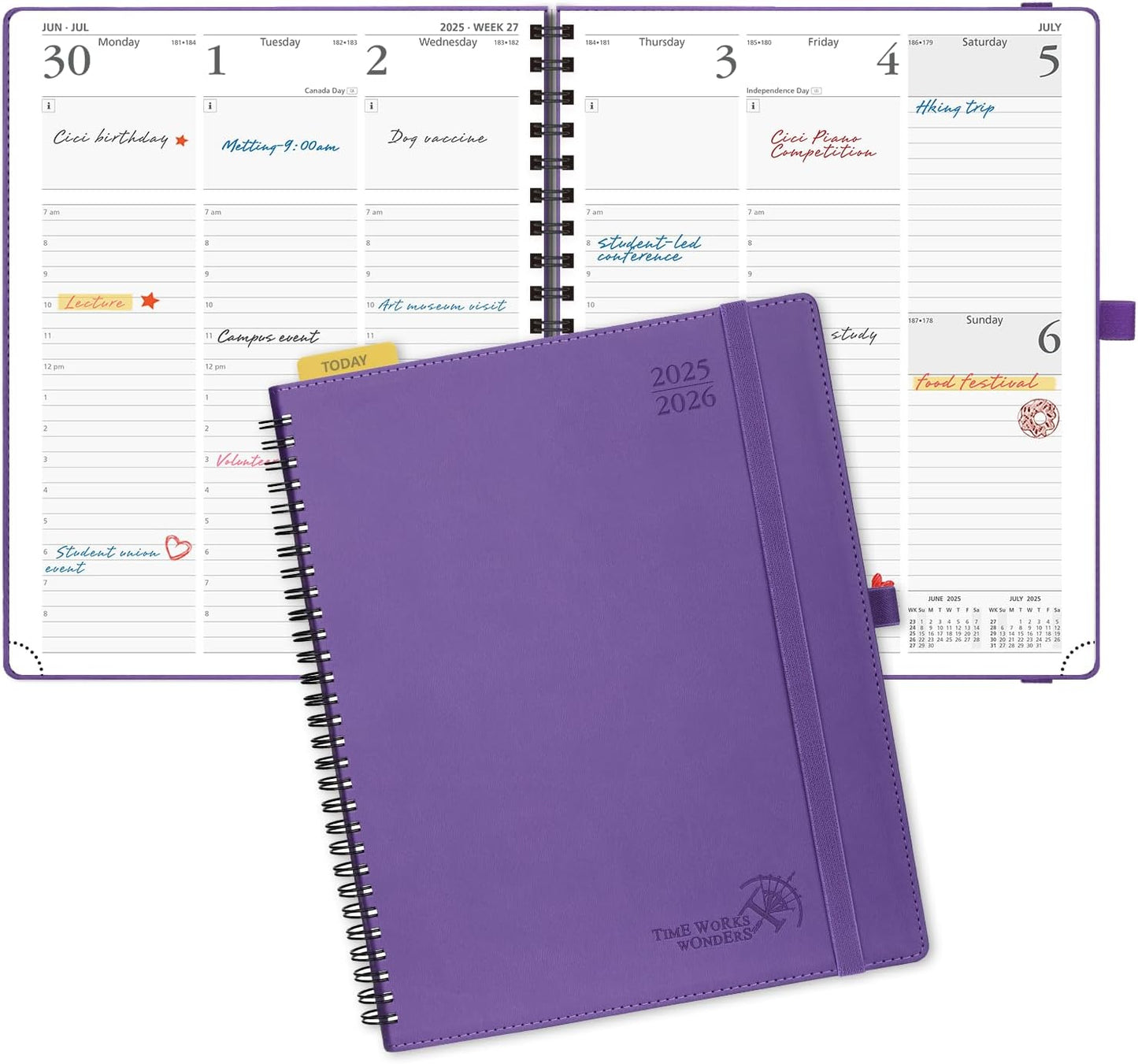 POPRUN Planner 2025-2026 (Large - 8.5'' x 10.5'') Academic Weekly Calendar (July 2025 - June 2026) with Hourly Time Slots, Monthly Tabs, 100GSM Thick Papers, Spiral Leather Cover - Purple