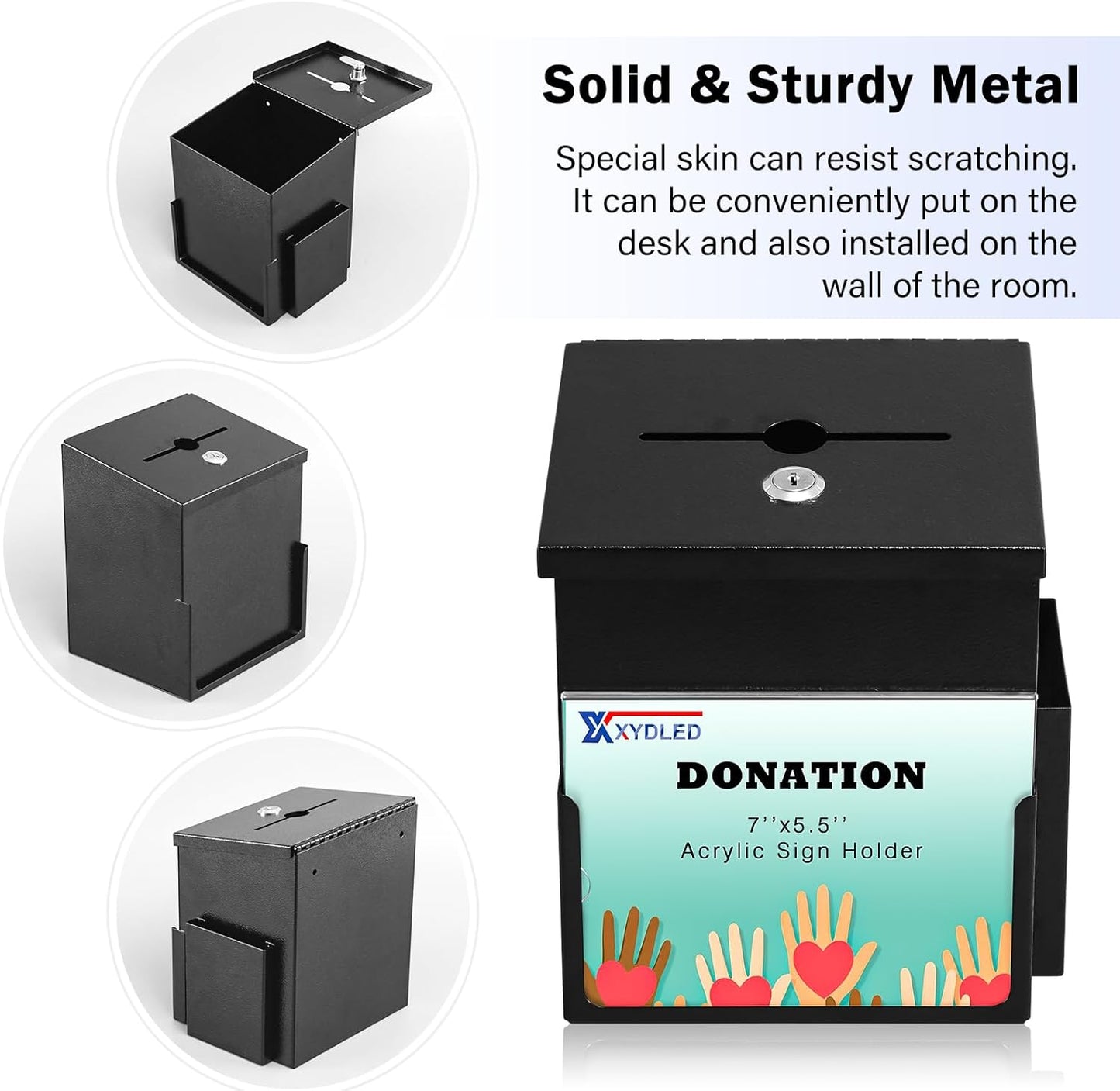 xydled Suggestion Box with Key Lock Acrylic Sign Holder, Metal Donation Ballot Drop Box with Slot Tip Jar for Office, Fundraising, Church, School,8.9''x7.1''x6.3'', Black