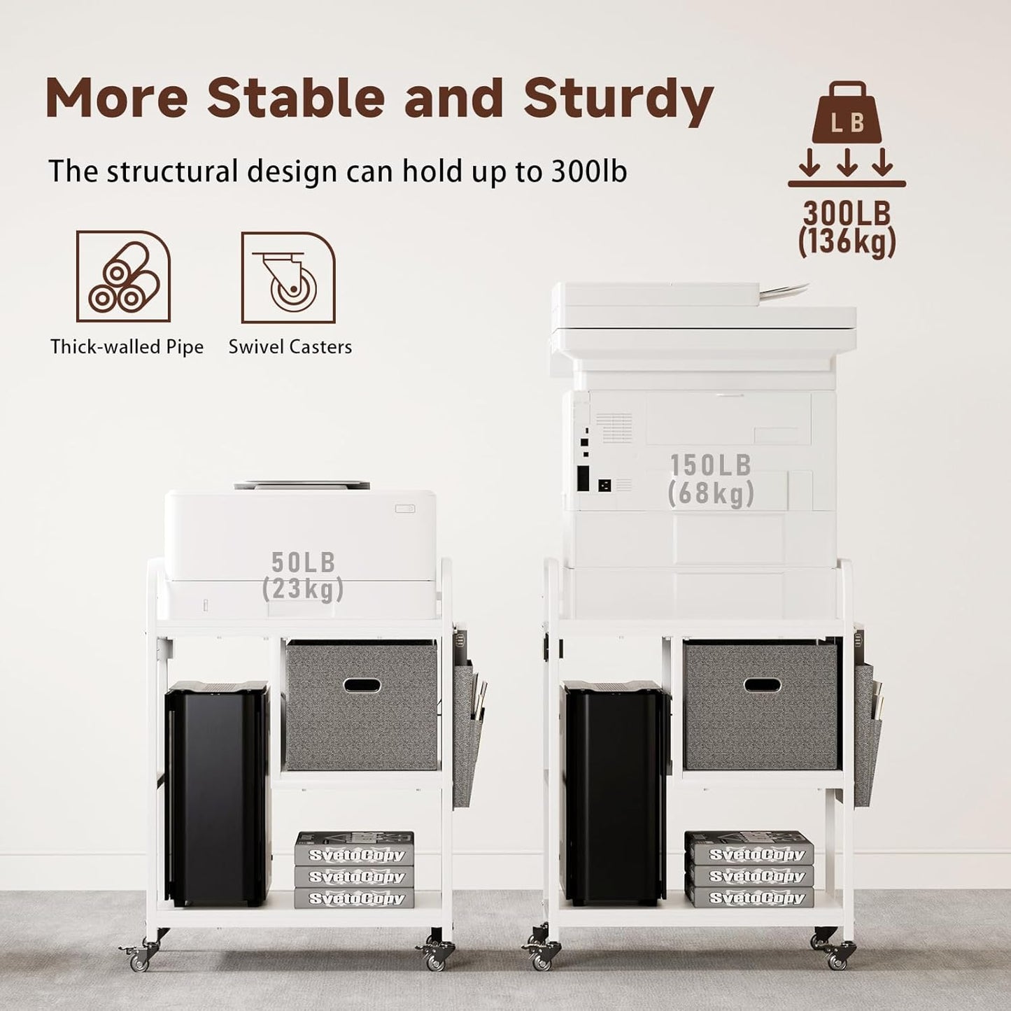 Large Printer Stand with Removable Storage Drawer, Mobile Printer Table with Charging Station and USB Ports for Home Office, Rolling Industrial Printer Cart with Wheels for Scanner Fax (White)