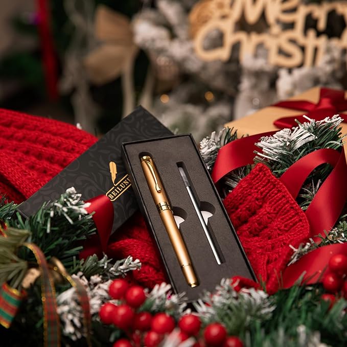 BEILUNER Ballpoint Pens, Stainless Steel with Chrome Trim, Luxury Golden Metal Pen Set, Best Ball Pen Gift Set for Men & Women, Professional, Executive, Office, Fancy Pens-Nice Box with Extra Refill