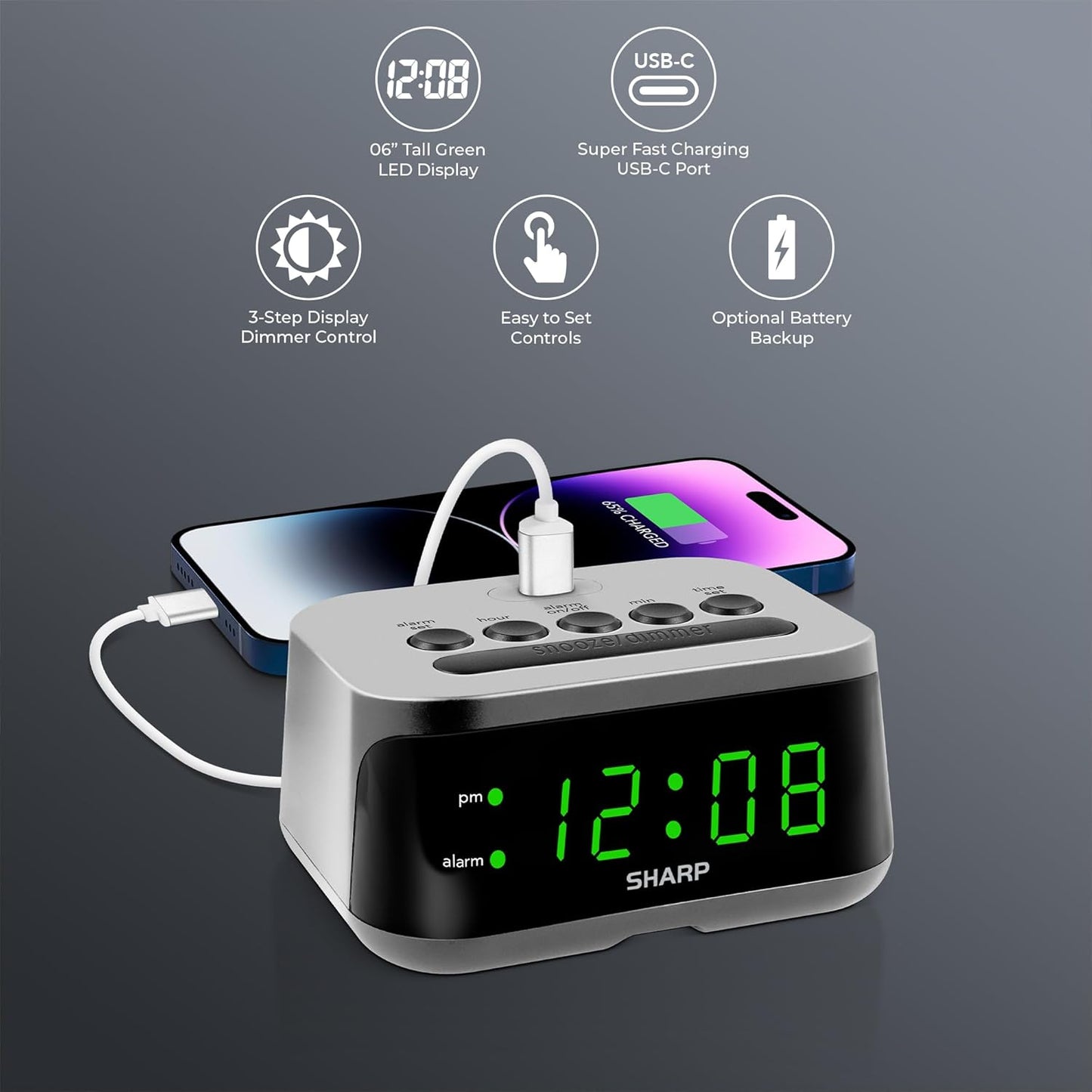 Sharp Digital Alarm Clock with Super Fast USB-C Charge Port & Green LED Display