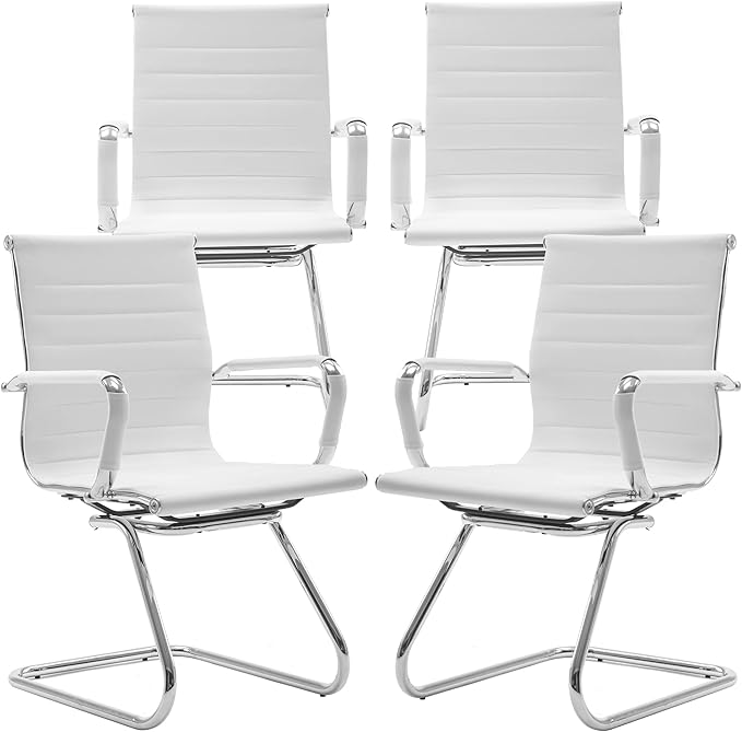 White Office Desk Chair No Wheels Set of 4 PU Leather Computer Chairs Mid Back Guest Chairs for School Reception Conference Waiting Room, White