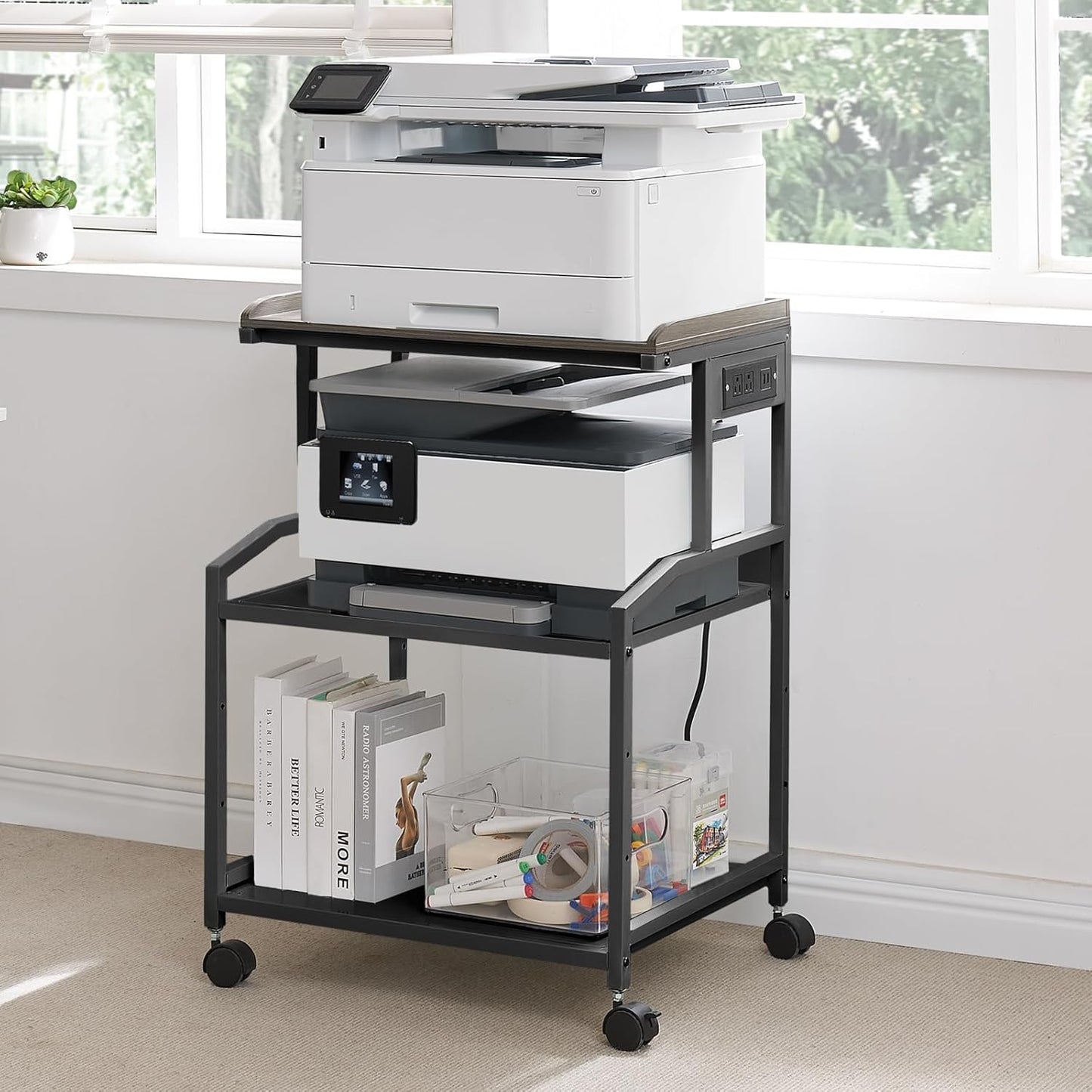 Lauren&Harold 34'' Printer Stand with Power Outlets & USB Ports, 3-Tier Adjustable Rolling Cart, Heavy Duty 150LBS Storage Table with Wheels for Office, Kitchen, Living Room, Black