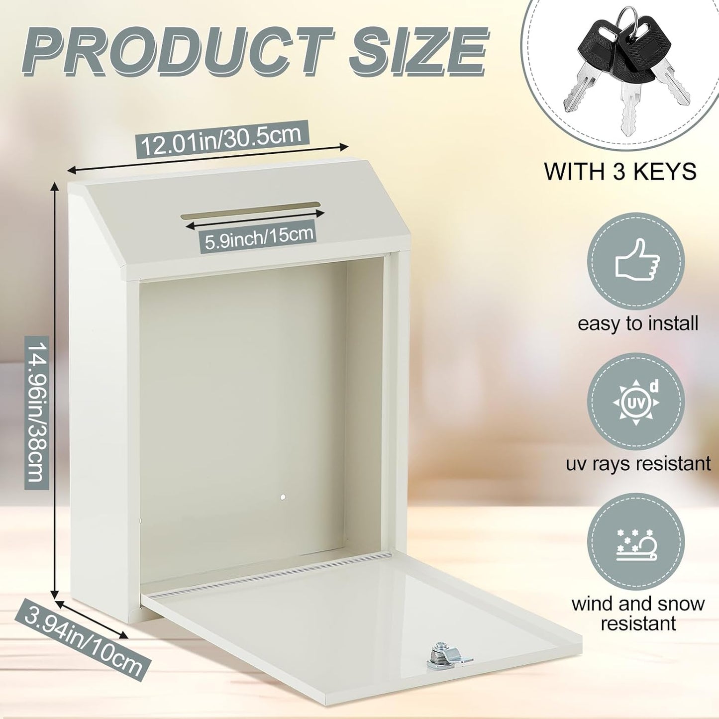 Metal Donation Cash Box Collection Safe Suggestion Box with Lock Wall Mounted Mailbox Delivery Ballot Container for Home Office Outdoor Door(White,15 x 12 x 4 Inch)
