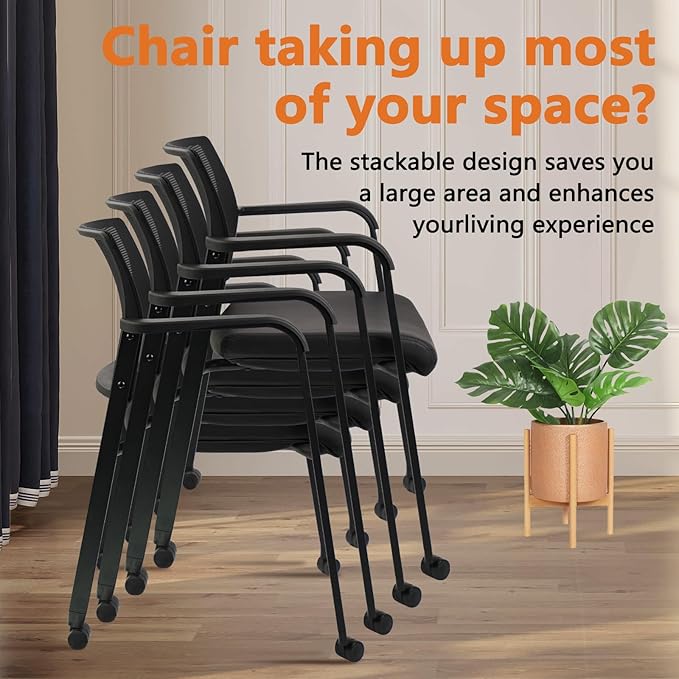 CLATINA Stacking Office Chair with Wheels, Mesh Back Waiting Room Guest Chairs with Arms Comfortable Leather Cushion Stackable Desk Chair for Conference Reception School Side Stationary, Black, 2PK