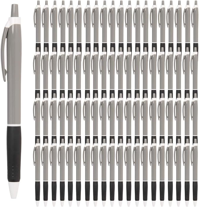 Simply Genius 100-Pack Black Ink Retractable Ballpoint Pens Bulk Ideal for Schools, Office Set, Notebooks, Journals & More (Gray&Black)