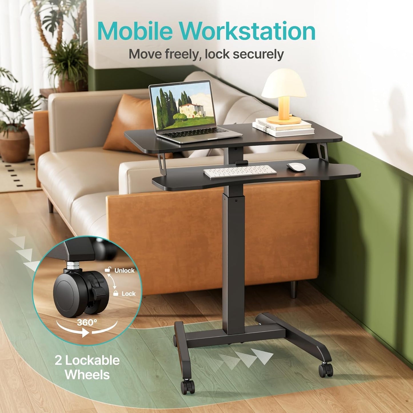 Standing Rolling Desk-Height Adjsutable up to 47.2' Rolling Podium for Teachers, 31.2'× 27.5' Dual Tier Sanding Desk for Classroom, Moveable Laptop Cart, Teacher Podium with Wheels, Black