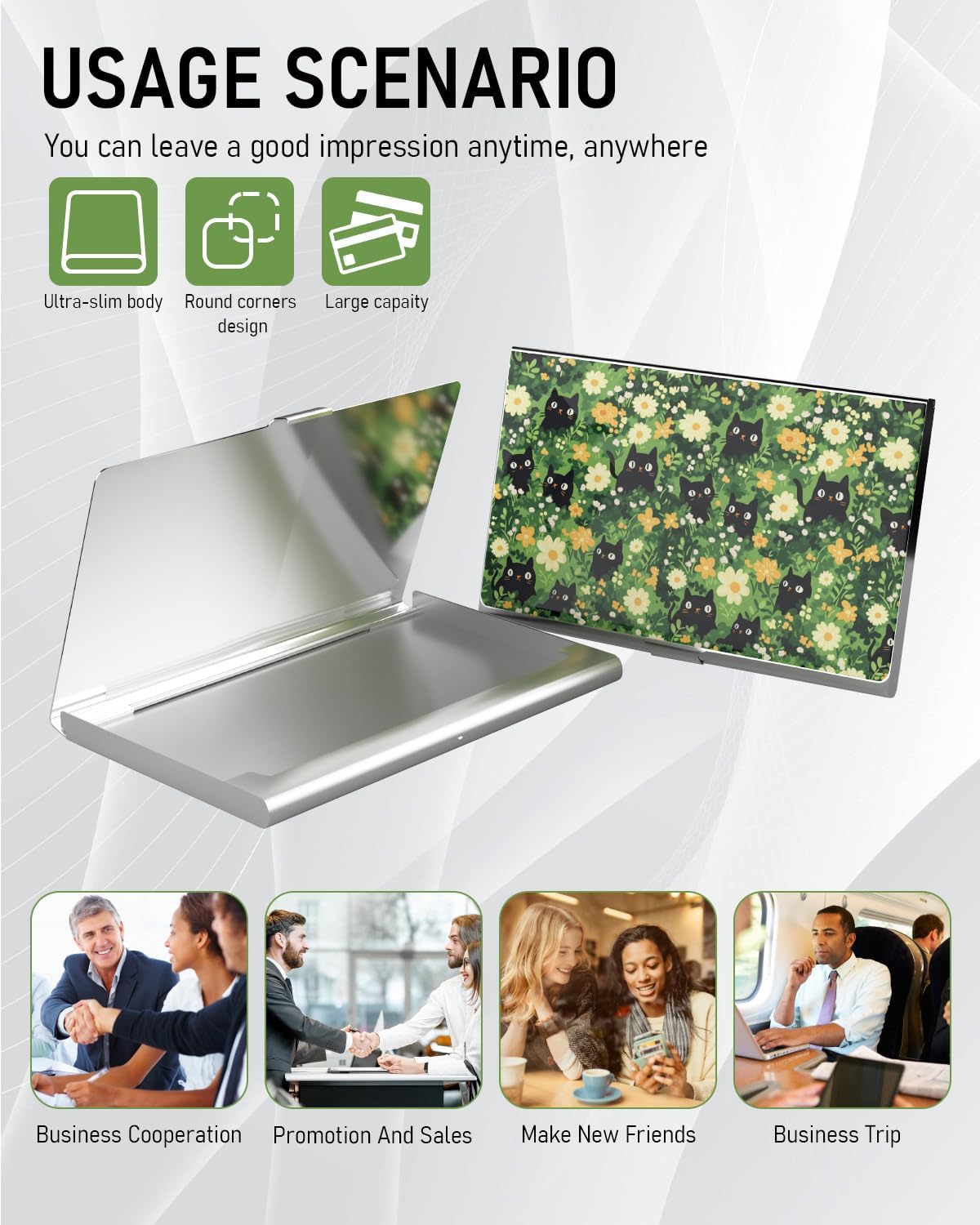 Business Card Metal Slim Organizer, Professional Stainless Steel Square Pocket Wallet for Office Workers, Compact and Portable for Pockets (Cats and Flowers)