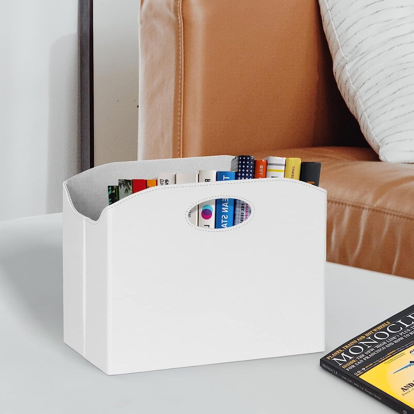 EZDeco Magazine Holder Foldable Magazine Rack Floor PU Leather File Holder Newspaper Book Storage Basket Document File Folder Organizer for Office Home (White-2)