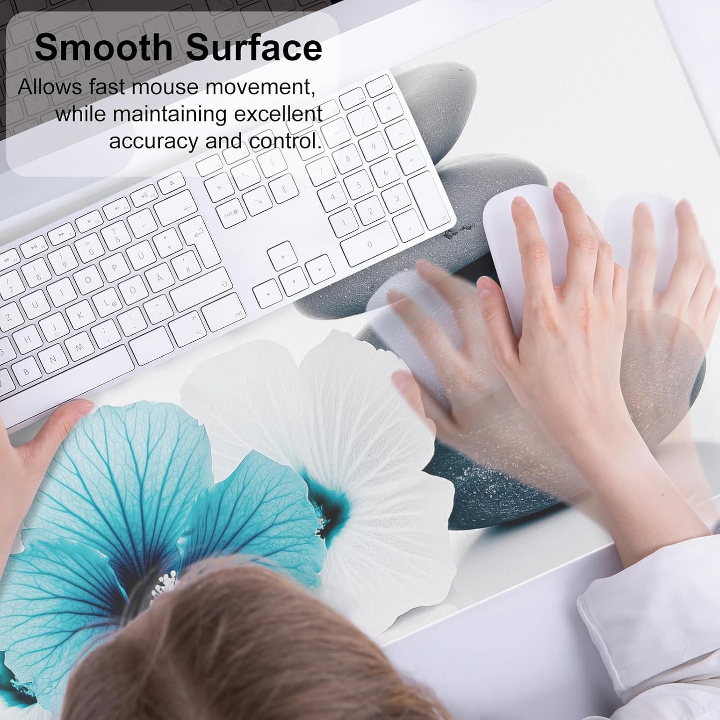 QIYI Desk Pad, Non-Slip PU Leather Desk Blotter Protector, Kids Floral Print Waterproof Computer Desk Mat, Thick Home & Office Large Keyboard Mouse Pad 31.5" x 15.7" - Pebbles & Blue White Flowers