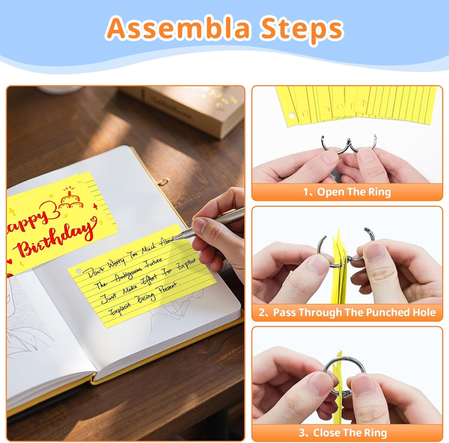 Index Cards 3x5 Inches, 300 PCS, Yellow Flash Cards With Ring, Punched Lined Study Card Ruled Flashcards Notecards, Ruled Front And Blank Back, Note Card for School, College And Home