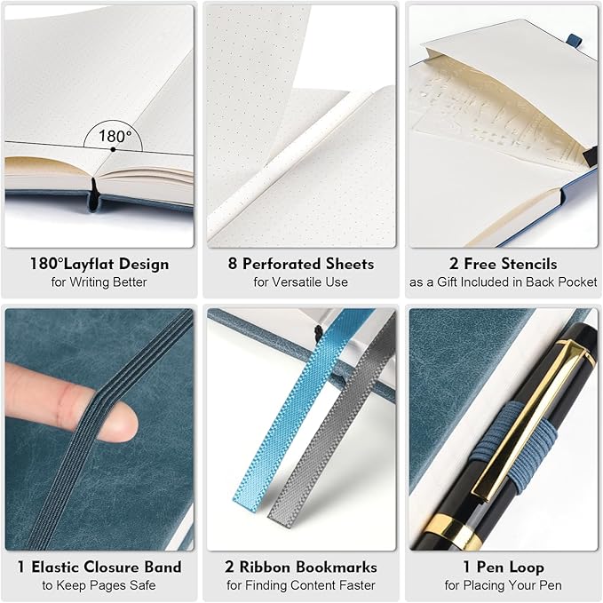 Dotted Journal Notebook, 312 Numbered Pages Large B5 Hardcover Leather Notebook, 100gsm No Bleed Paper Dot Grid Notebook with Index Pages, Dot Journal for Women Men, 7.6'' X 10'', Grey Blue