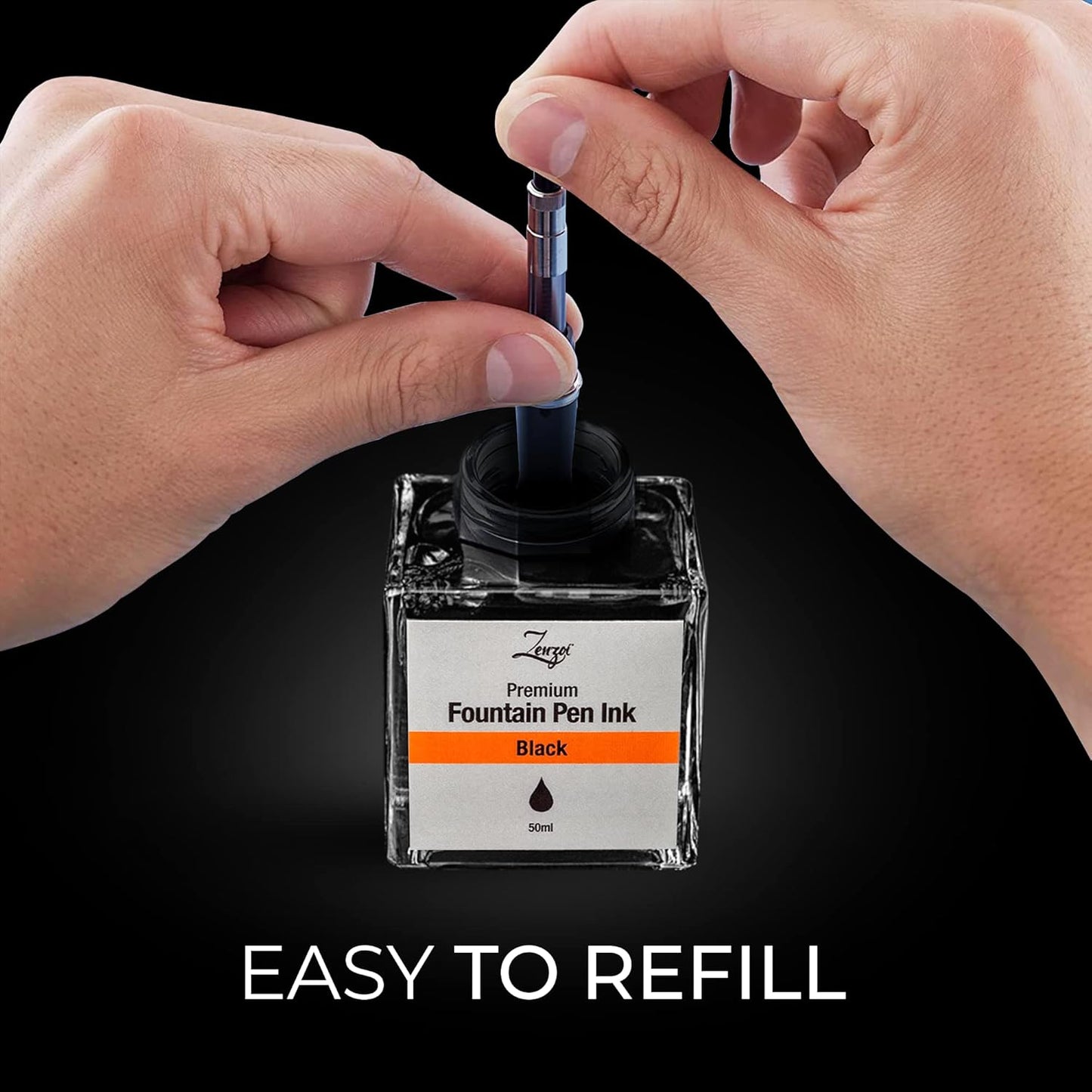 ZenZoi Fountain Pen Ink Bottle 50ml | Premium Designed Bottled Ink for Fountain Pens – Suitable for Calligraphy and All Branded Pens | Quick Drying and Smooth Flow Writing Experience (Black)