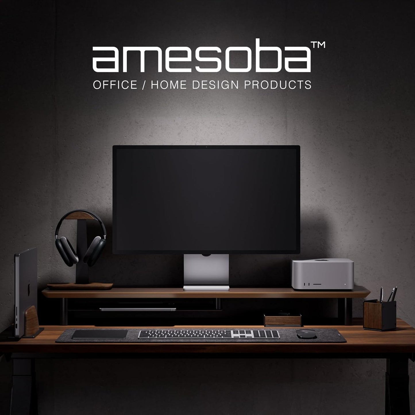 Walnut Dual‑Tier Monitor Stand for Modern Desk Setup – Minimalist Wooden Riser Shelf for Dual Monitors, Laptops, Home Office Aesthetic (Dark Walnut, Large)