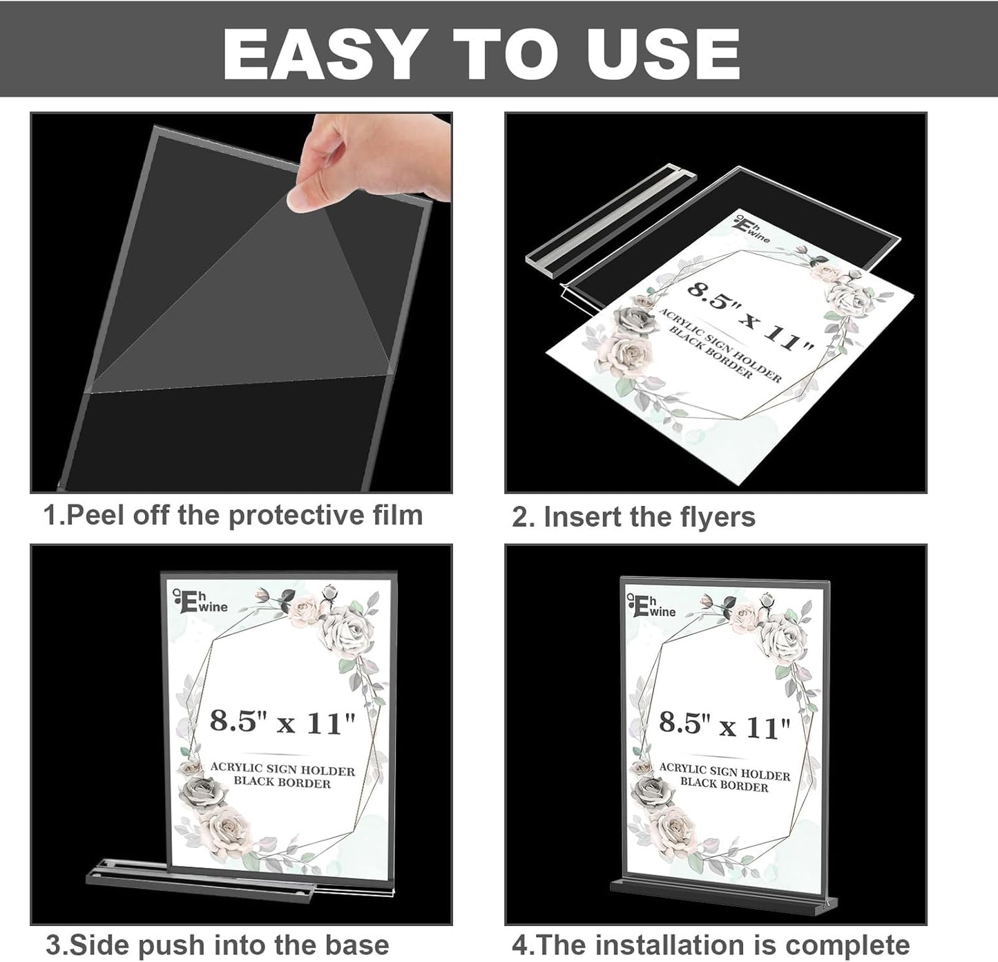 EHWINE 16 Pack Acrylic Sign Holder 8.5 x 11, Double-Sided Tabletop Black Sign Holder, Clear Acrylic Picture Frame Menu Flyer Paper Holder Display Stand for Home Wedding Party (with Non-Slip Pads)